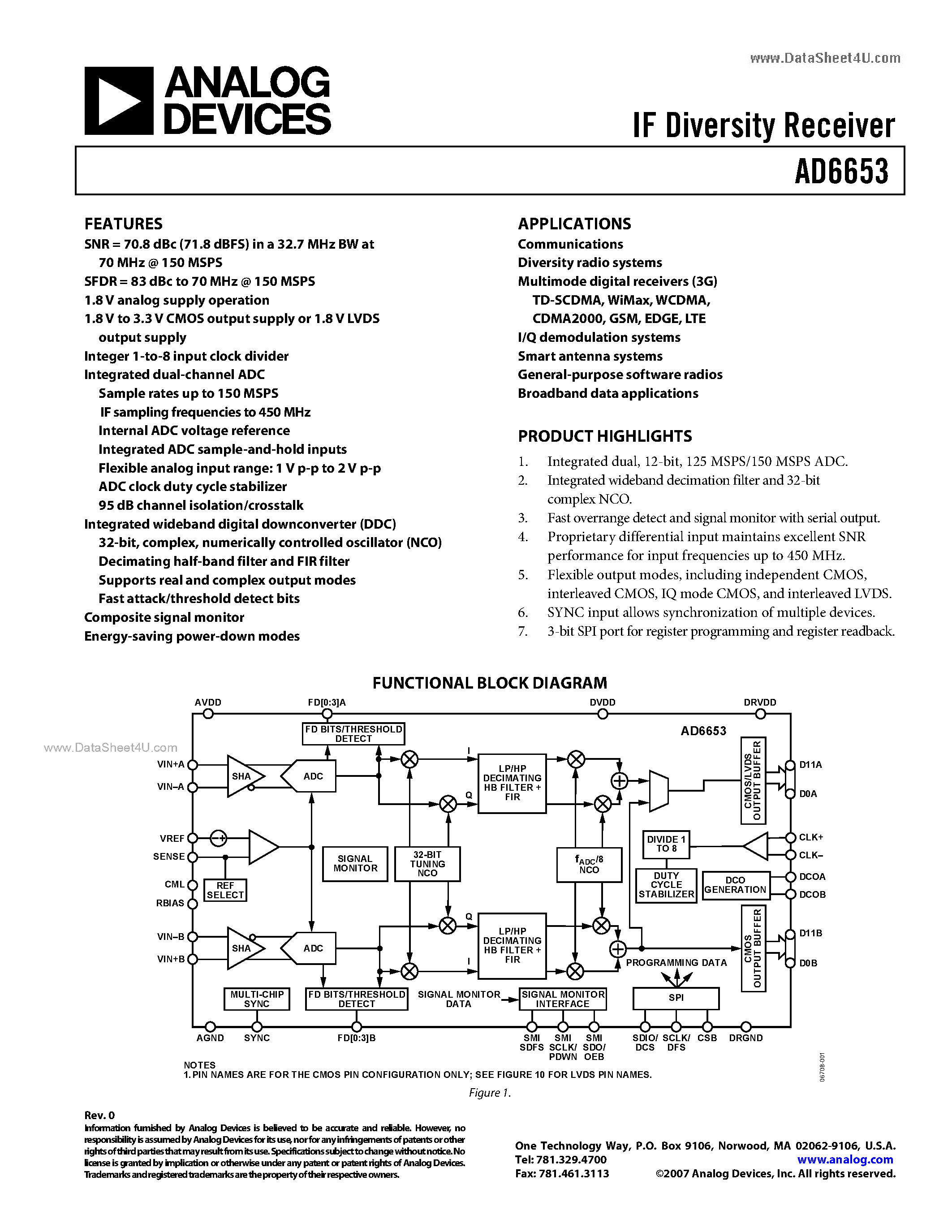 Datasheet AD6653 page 1 Datasheet AD6653 - IF Diversity Receiver page 1