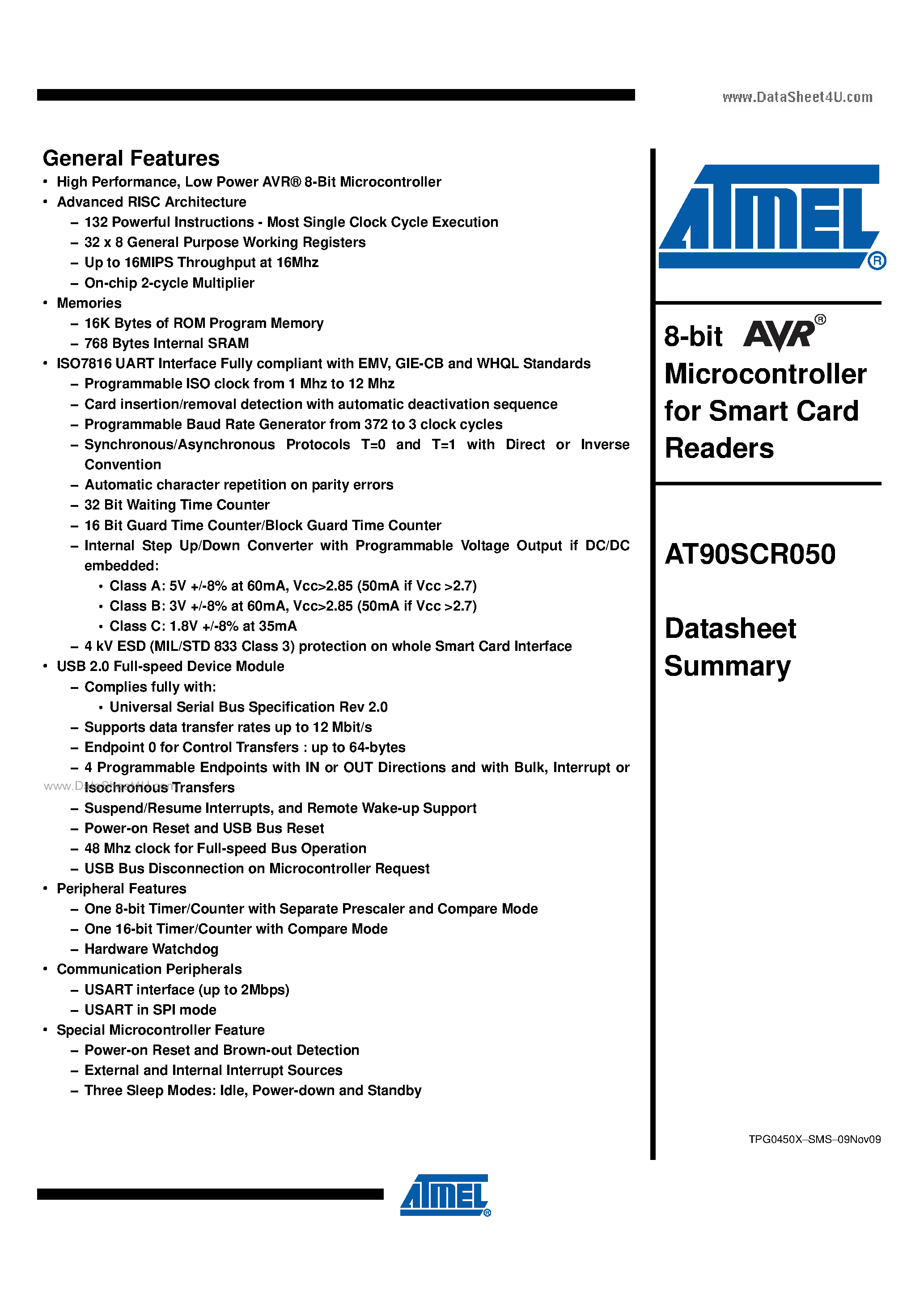 Даташит на микросхему AT90SCR050 страница 1 Даташит AT90SCR050 - 8-bit Microcontroller страница 1