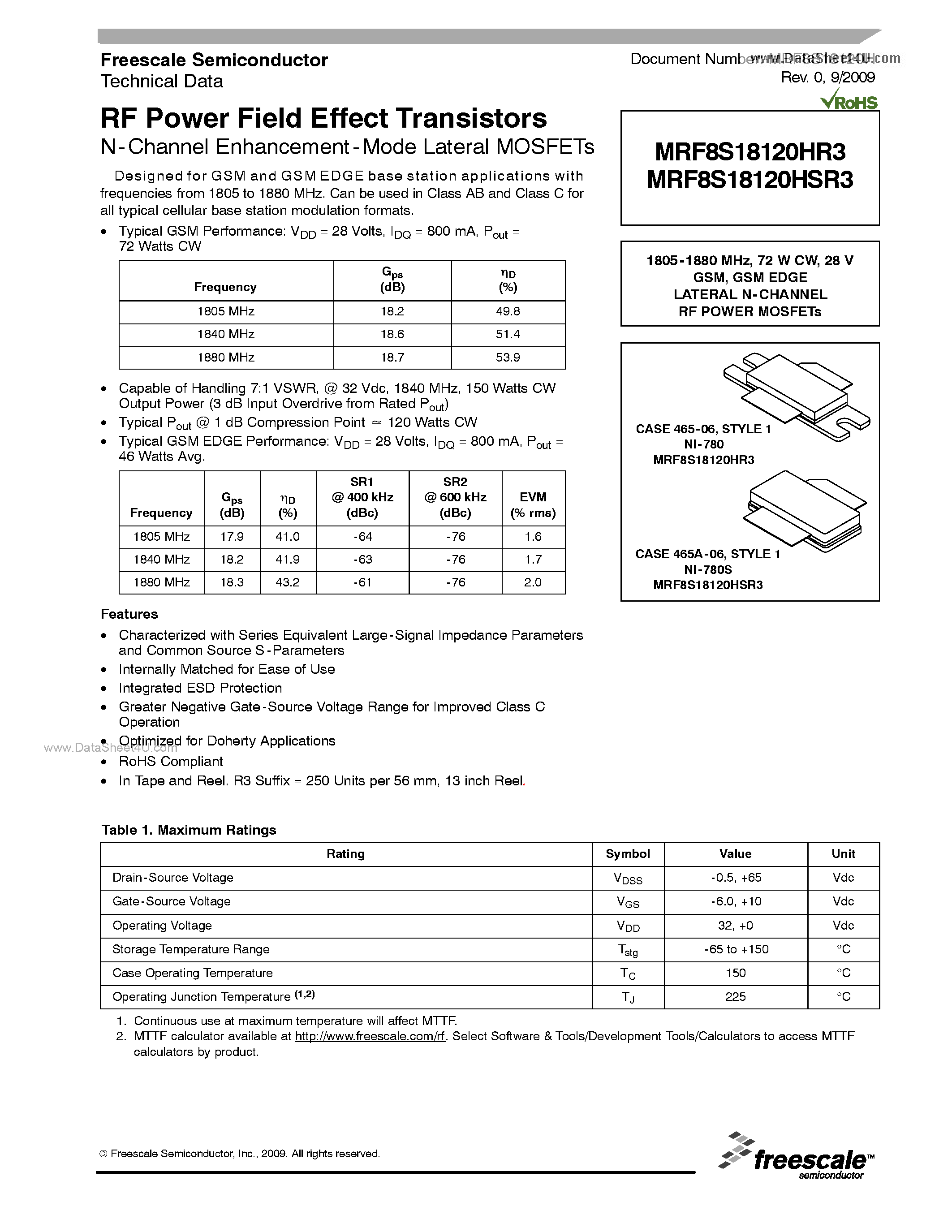 Datasheet MRF8S18120HR3 - RF Power Field Effect Transistors N-Channel Enhancement-Mode Lateral MOSFETs page 1