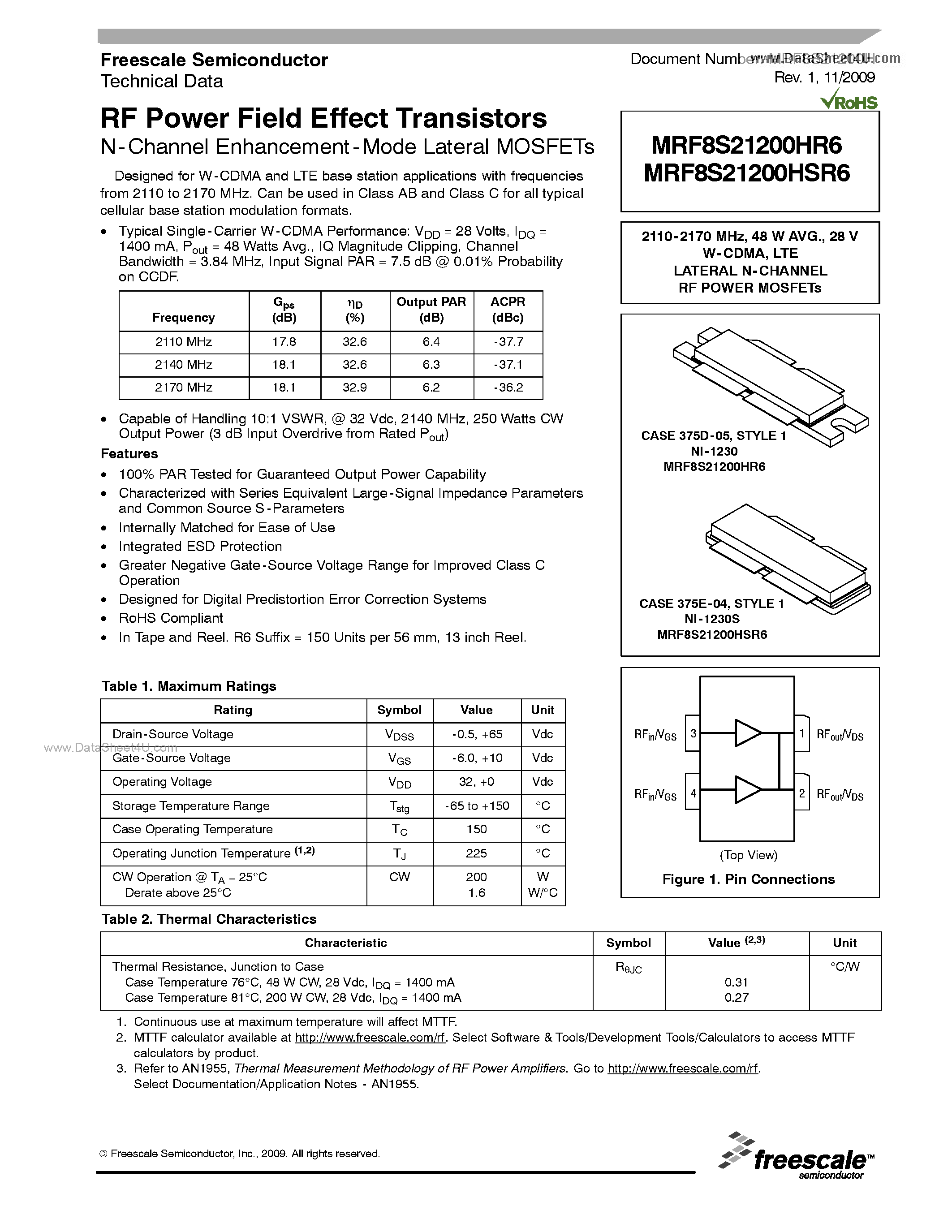Datasheet MRF8S21200HR6 - RF Power Field Effect Transistors N-Channel Enhancement-Mode Lateral MOSFETs page 1