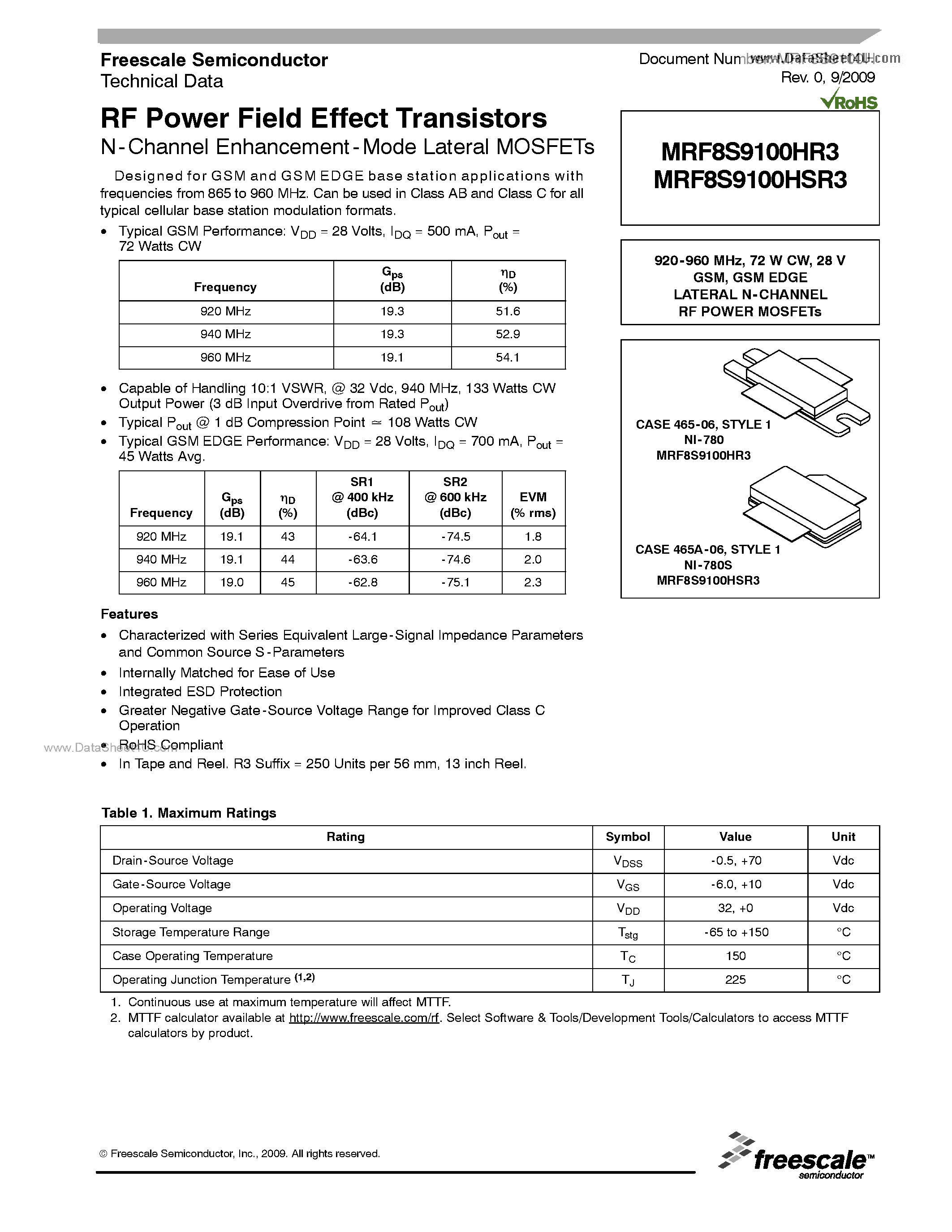 Datasheet MRF8S9100HR3 - RF Power Field Effect Transistors N-Channel Enhancement-Mode Lateral MOSFETs page 1