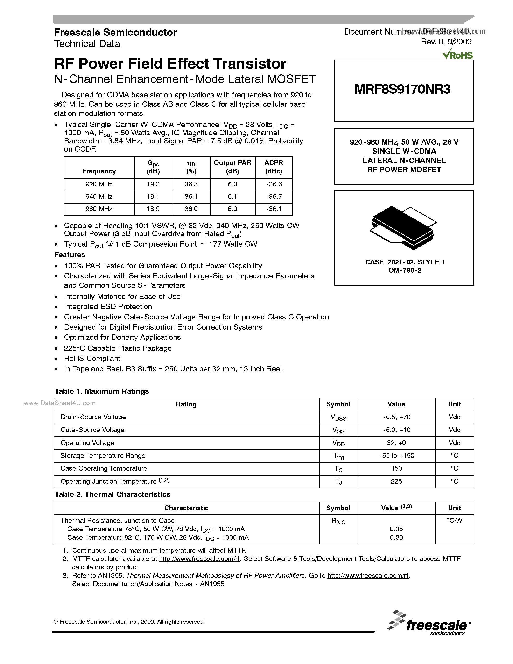 Datasheet MRF8S9170NR3 - RF Power Field Effect Transistor N-Channel Enhancement-Mode Lateral MOSFET page 1