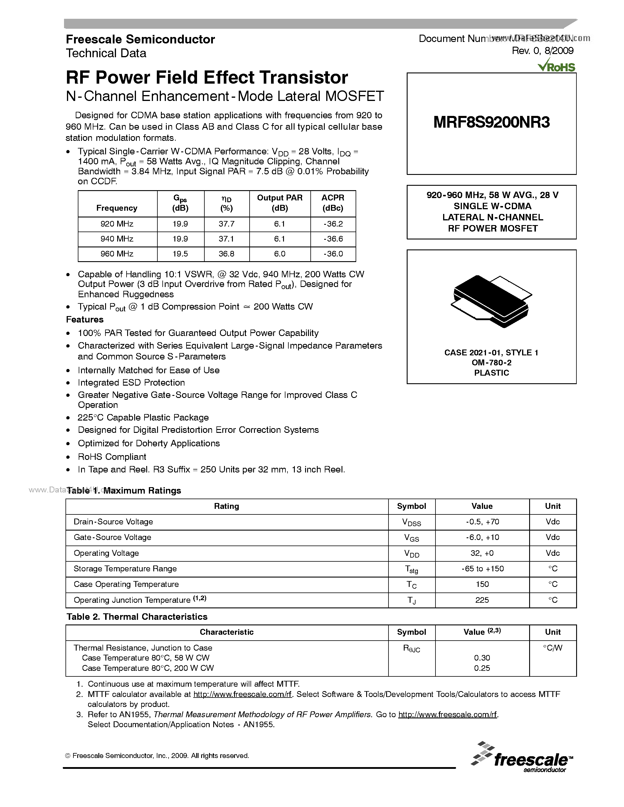 Datasheet MRF8S9200NR3 - RF Power Field Effect Transistor N-Channel Enhancement-Mode Lateral MOSFET page 1