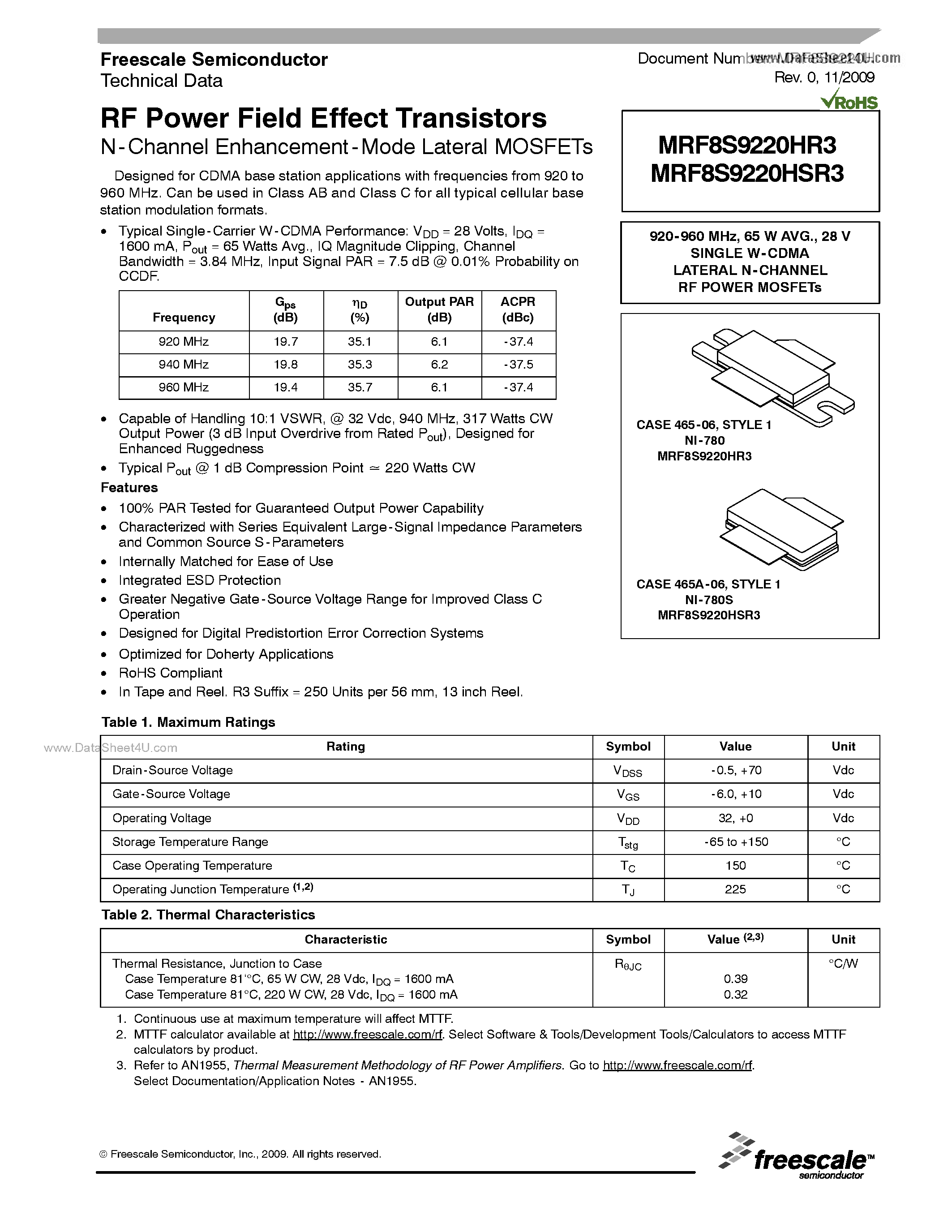 Datasheet MRF8S9220HR3 - RF Power Field Effect Transistors N-Channel Enhancement-Mode Lateral MOSFETs page 1