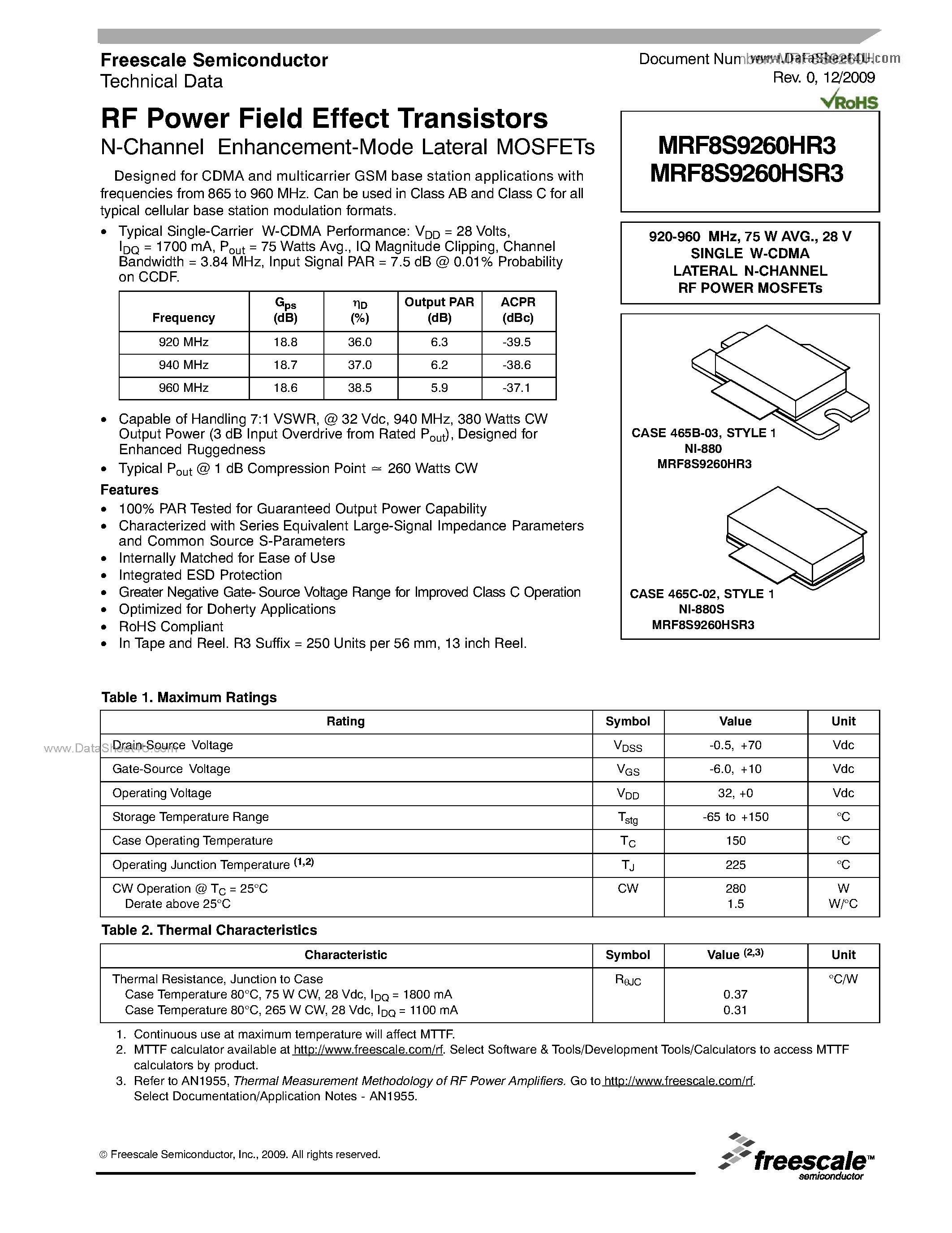 Datasheet MRF8S9260HR3 - RF Power Field Effect Transistors N-Channel Enhancement-Mode Lateral MOSFETs page 1