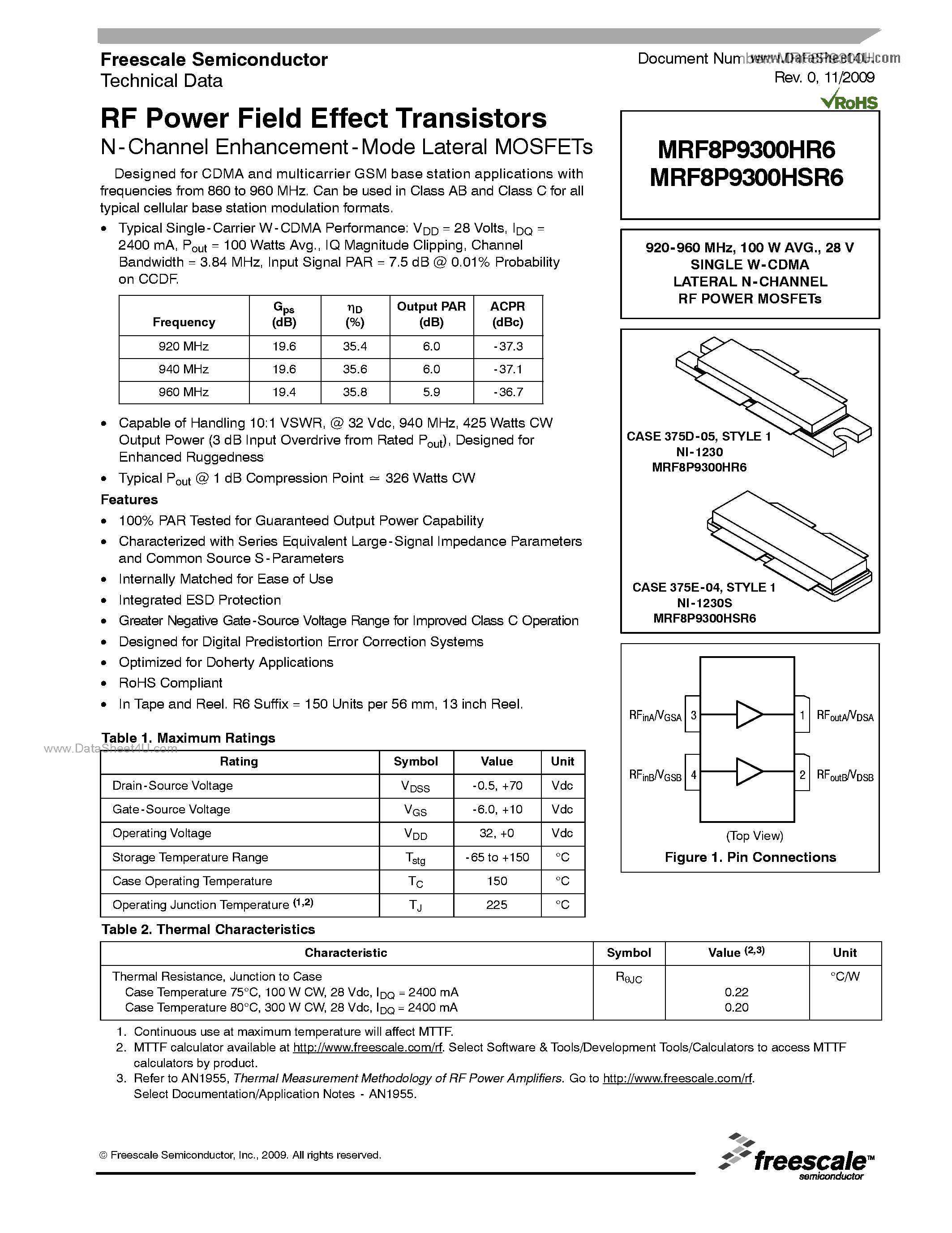 Datasheet MRF8P9300HR6 - RF Power Field Effect Transistors N-Channel Enhancement-Mode Lateral MOSFETs page 1