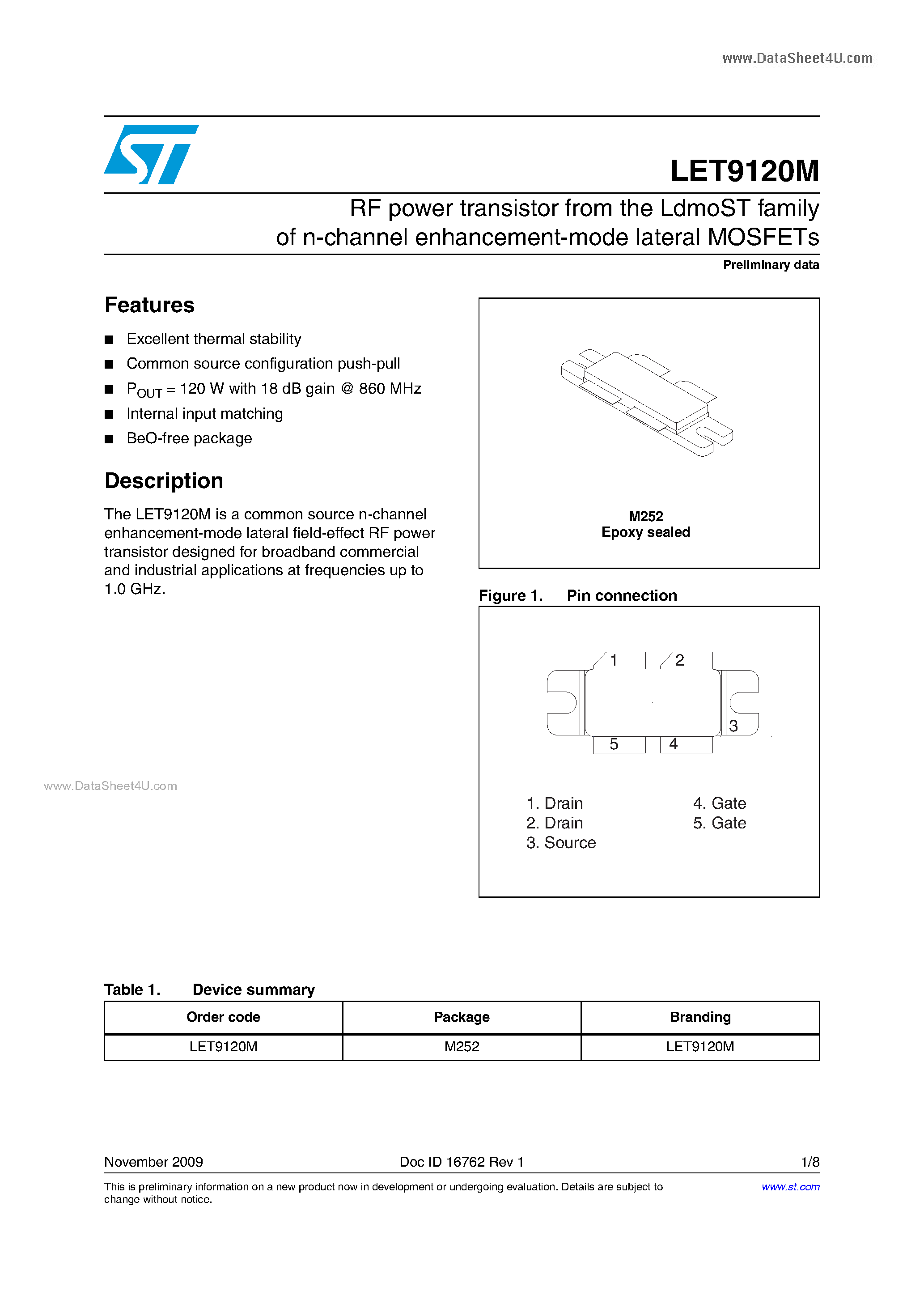 Datasheet LET9120M - LDMOS 28 V HF/VHF/UHF/900 MHz & Avionics Applications page 1