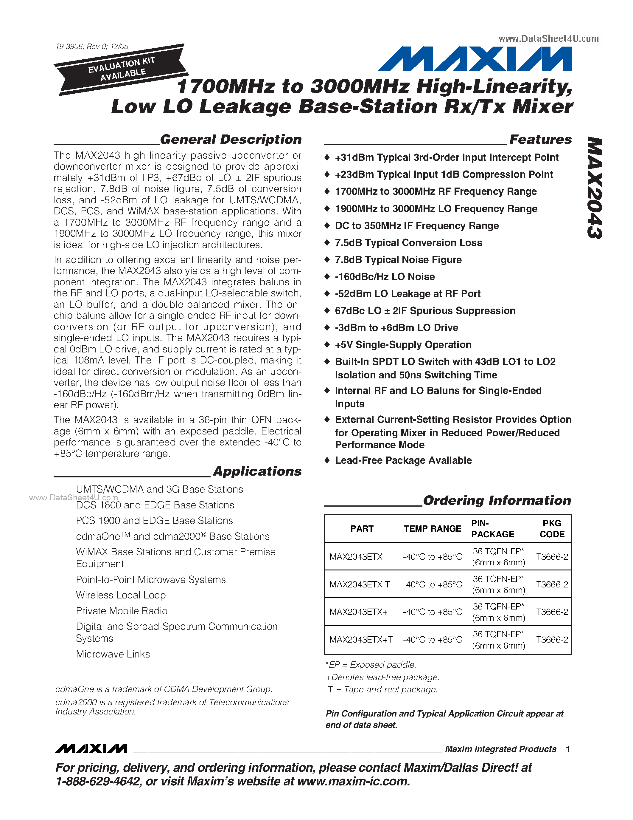 Даташит MAX2043 - Low LO Leakage Base-Station Rx/Tx Mixer страница 1
