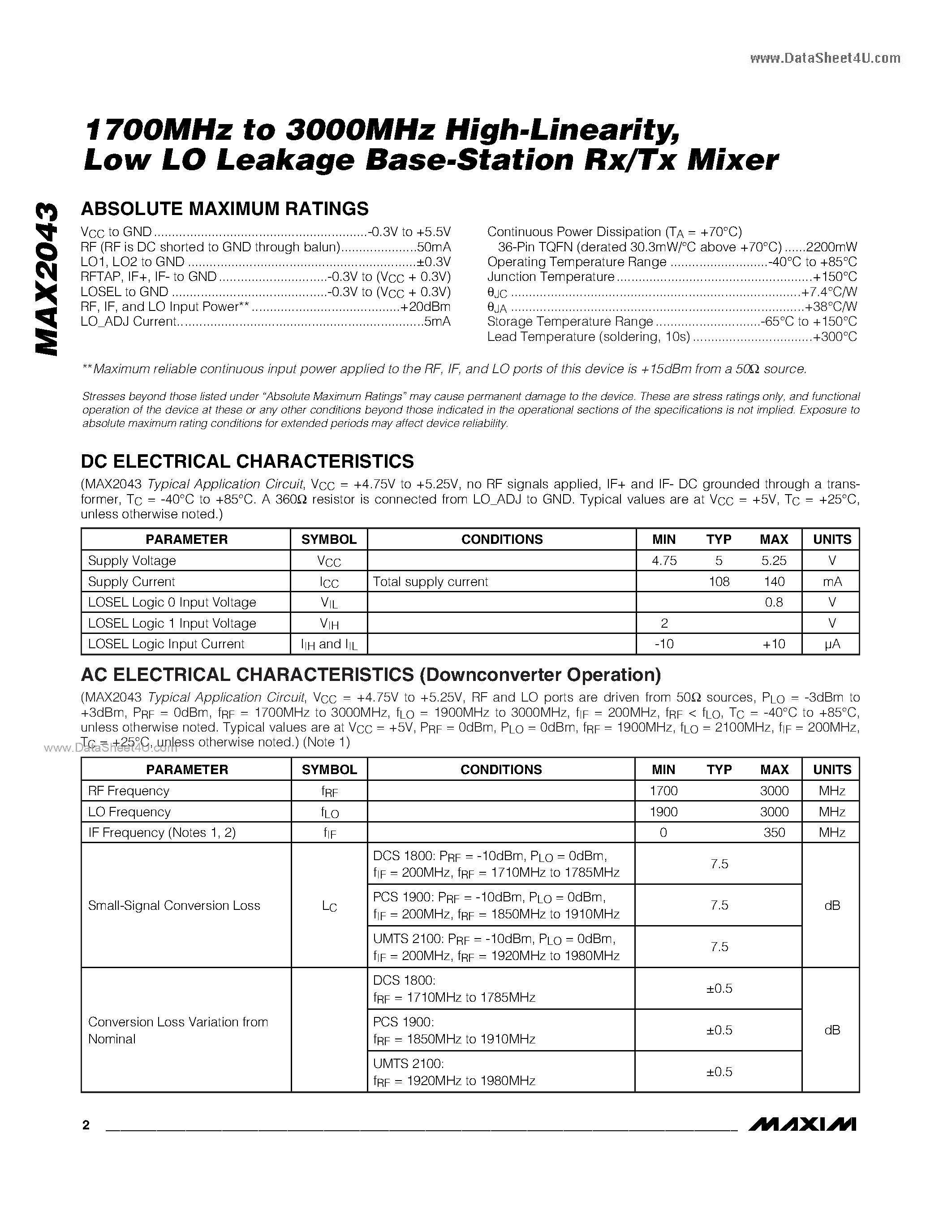 Даташит MAX2043 - Low LO Leakage Base-Station Rx/Tx Mixer страница 2