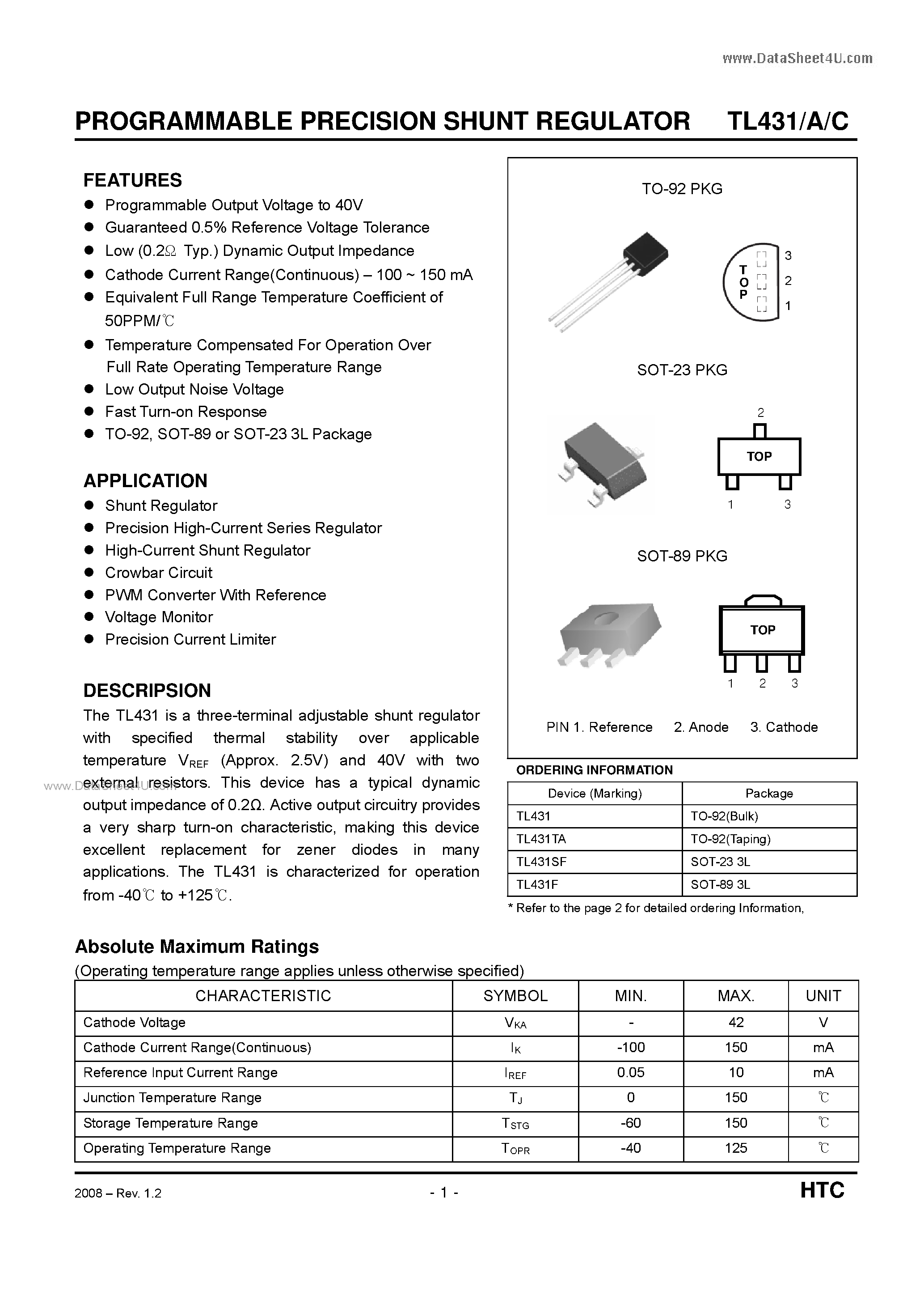 Datasheet TL431 - Programmable Output Voltage to 40V page 1