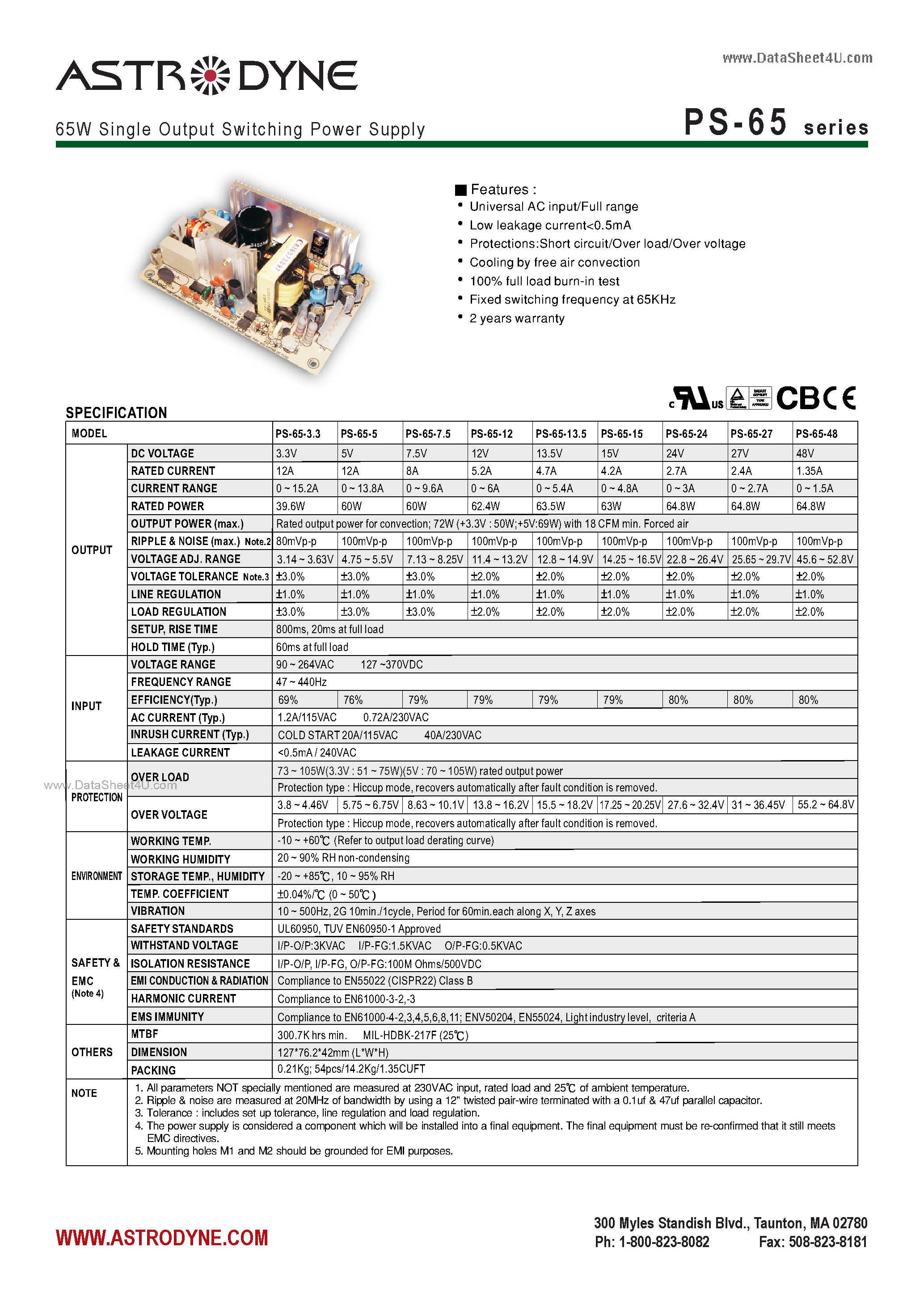 Datasheet PS-65 page 1 Datasheet PS-65 - 65W Single Output Switching Power Supply page 1