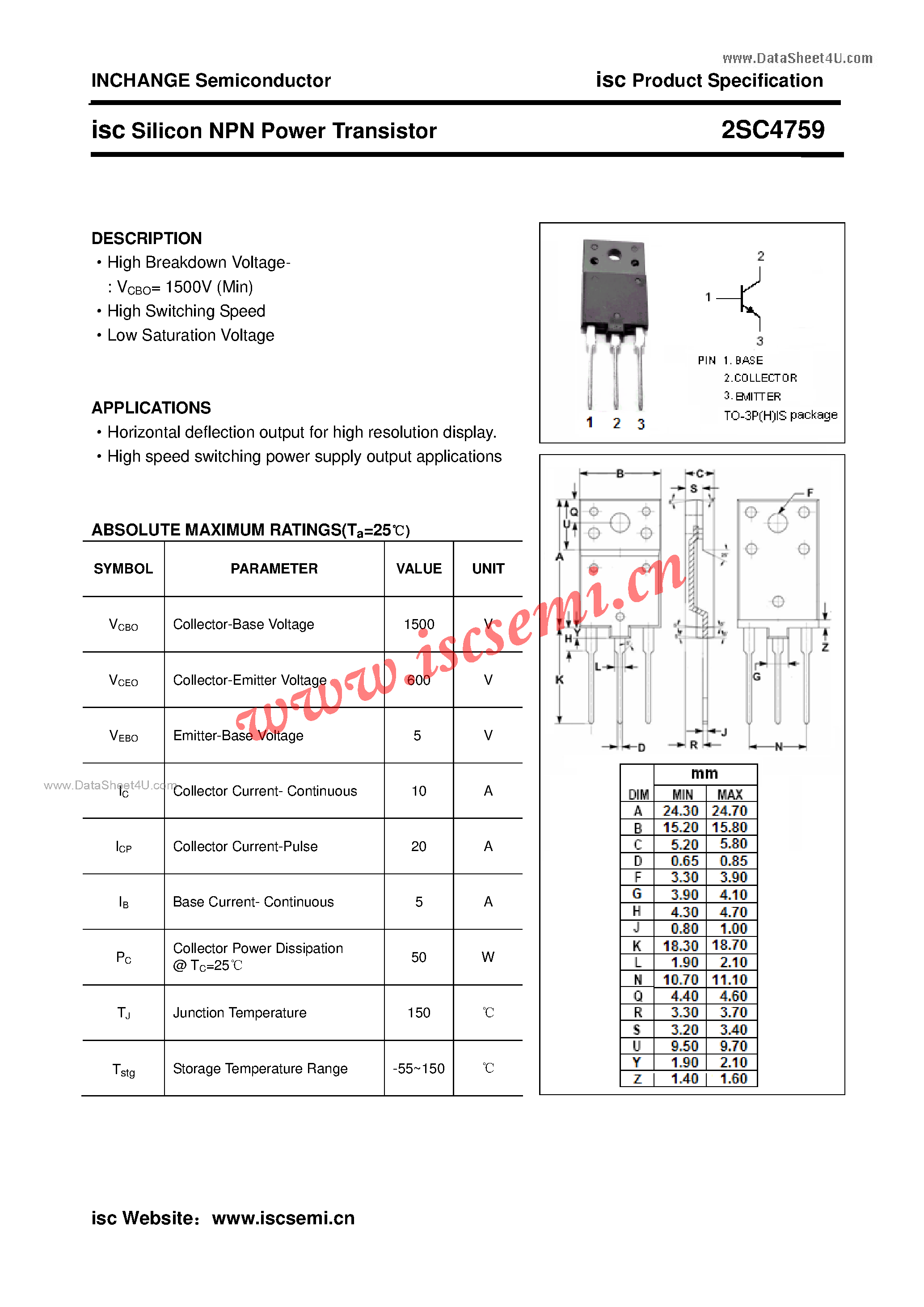 Datasheet 2SC4759 - Silicon NPN Power Transistor page 1