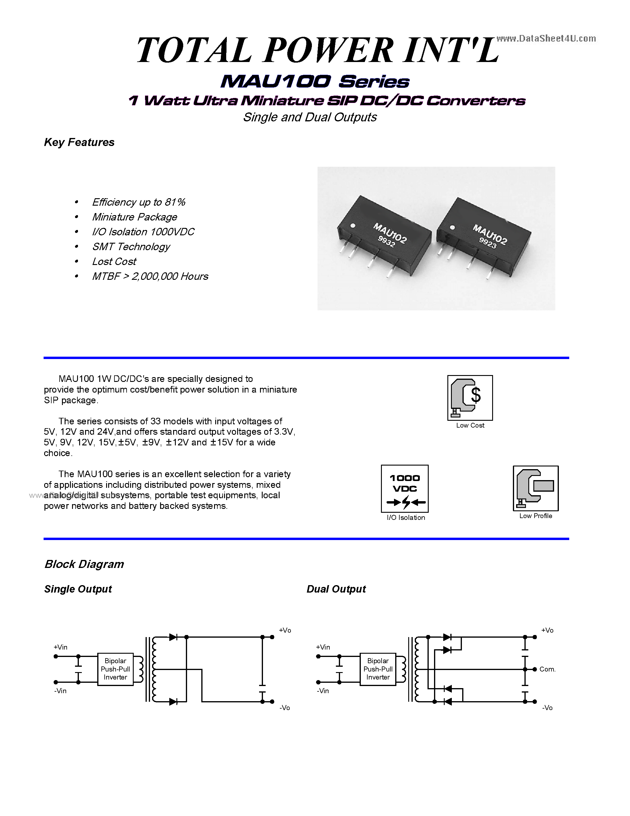 Datasheet MAU100 - 1 Watt Ultra Miniature SIP DC/DC Converters Single and Dual Outputs page 1
