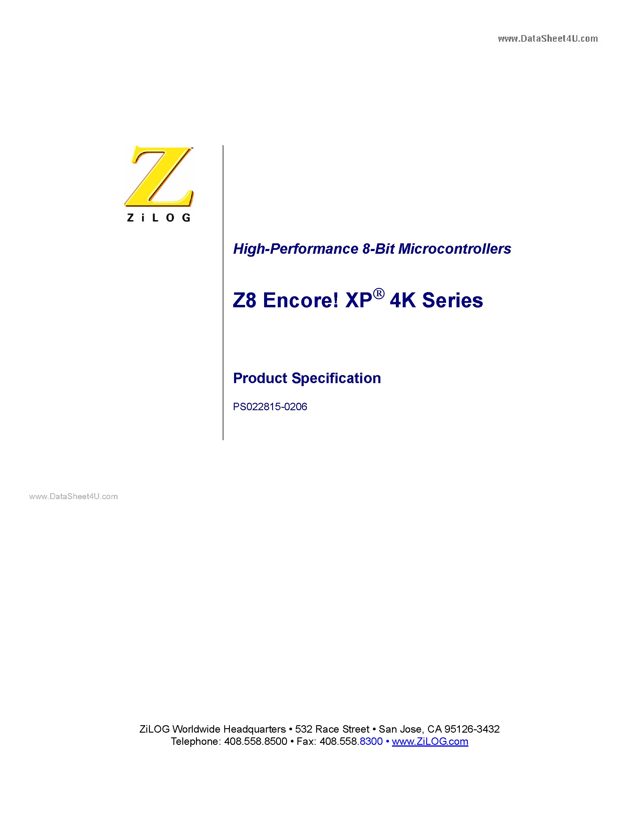 Даташит Z8F011A - Z8 Encore XP-R 4K Series High-Performance 8-Bit Microcontrollers страница 1