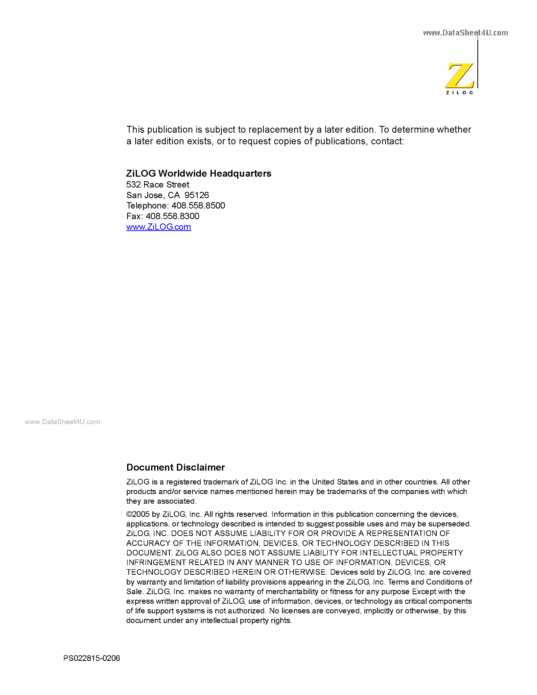 Datasheet Z8F011A - Z8 Encore XP-R 4K Series High-Performance 8-Bit Microcontrollers page 2