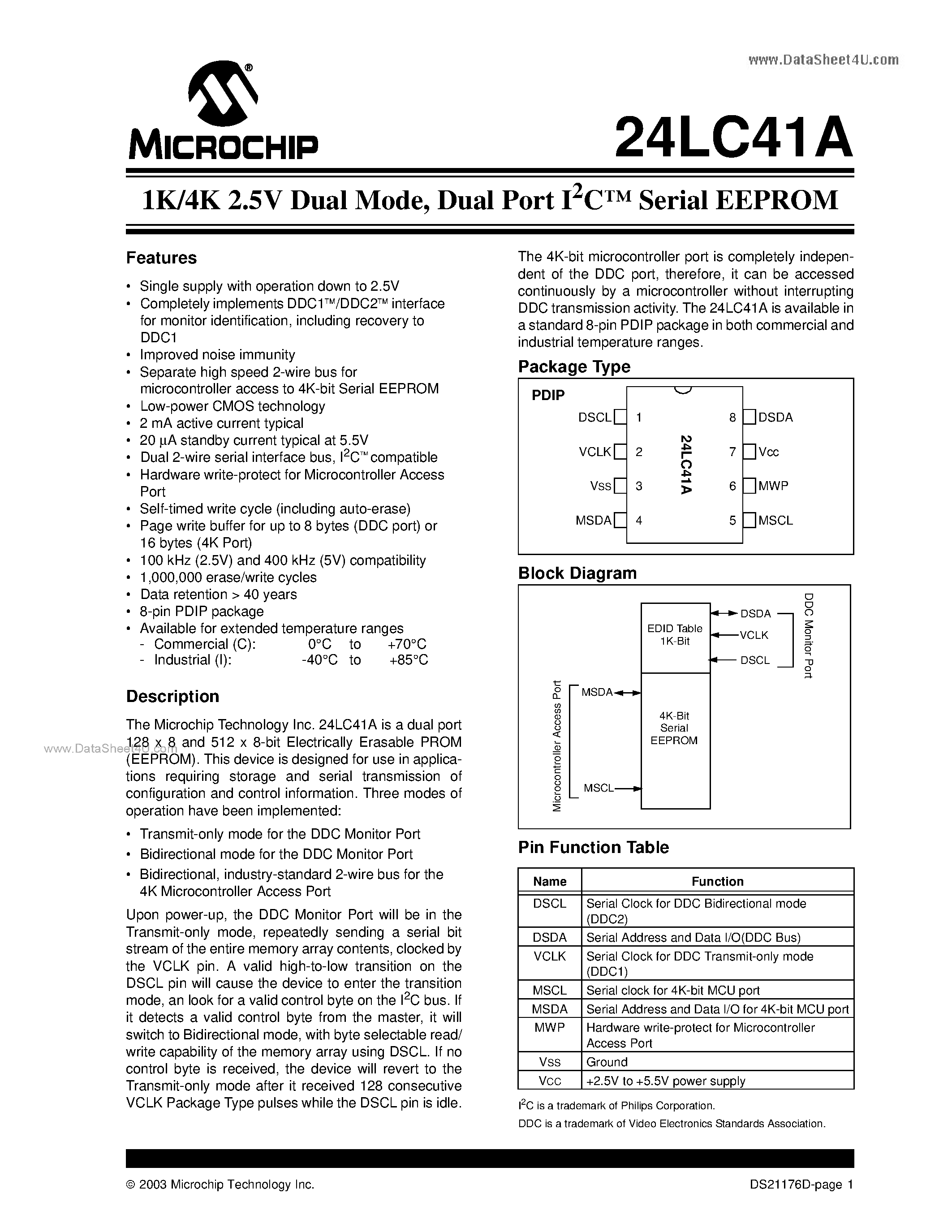 Datasheet 24LC41A - 1K/4K 2.5V Dual Mode page 1