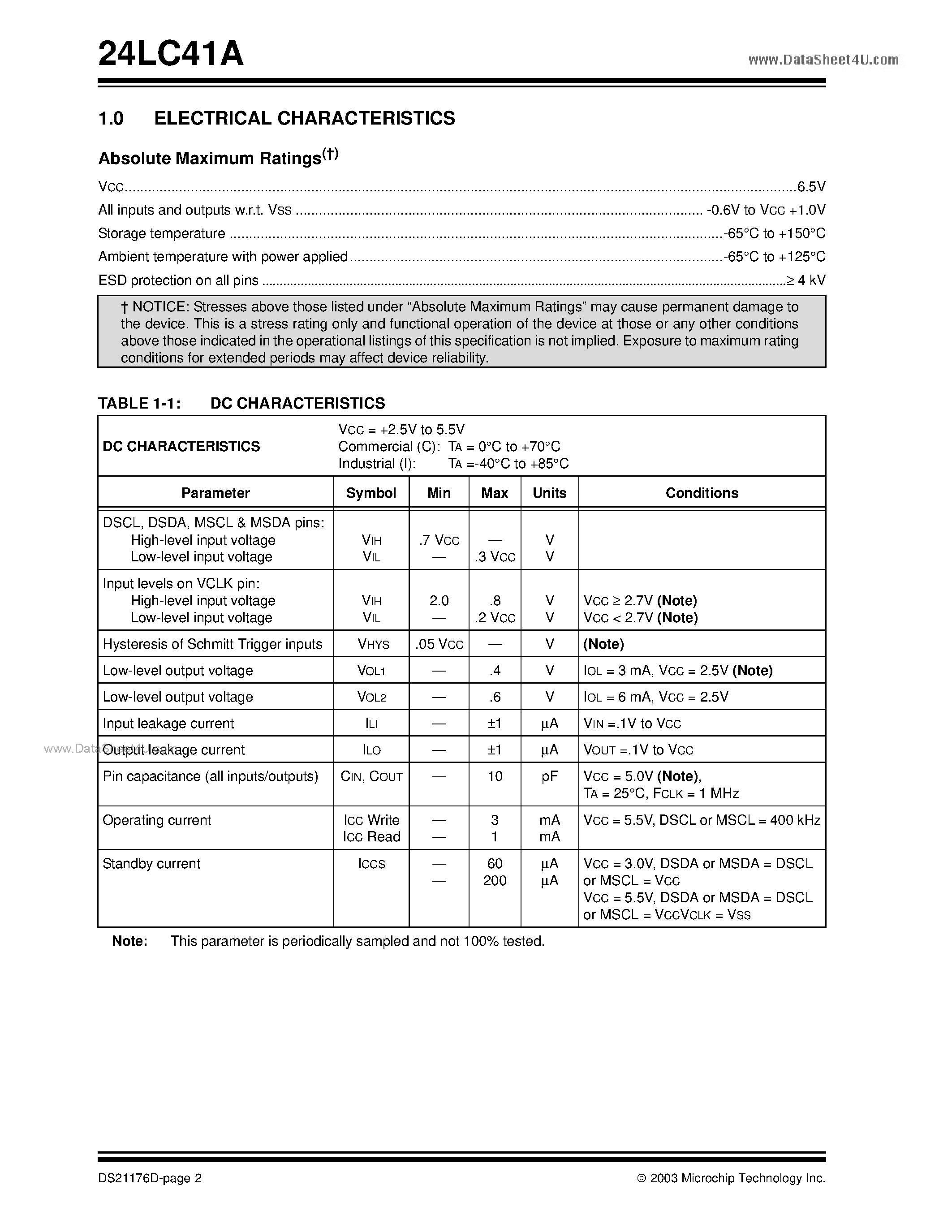 Datasheet 24LC41A - 1K/4K 2.5V Dual Mode page 2