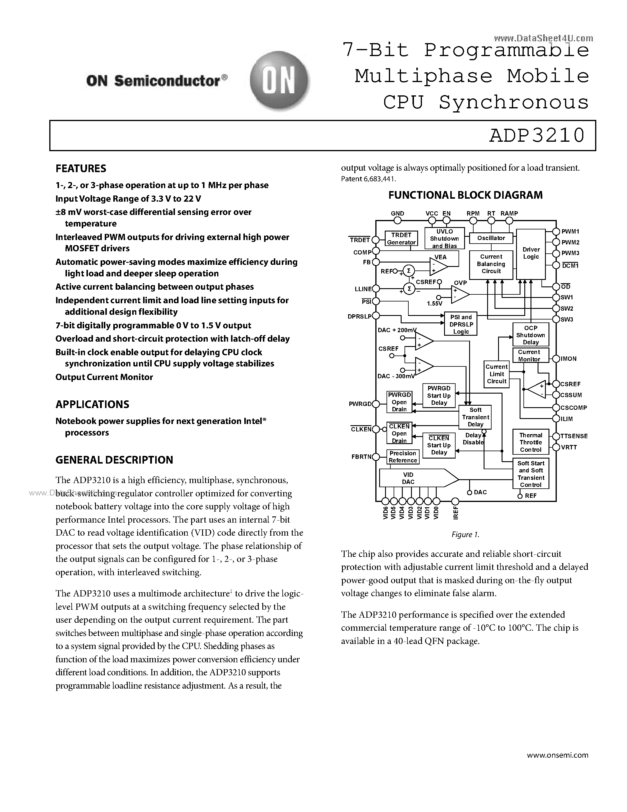 Datasheet ADP3210 - 7-Bit Programmable Multiphase Mobile CPU Synchronous page 1