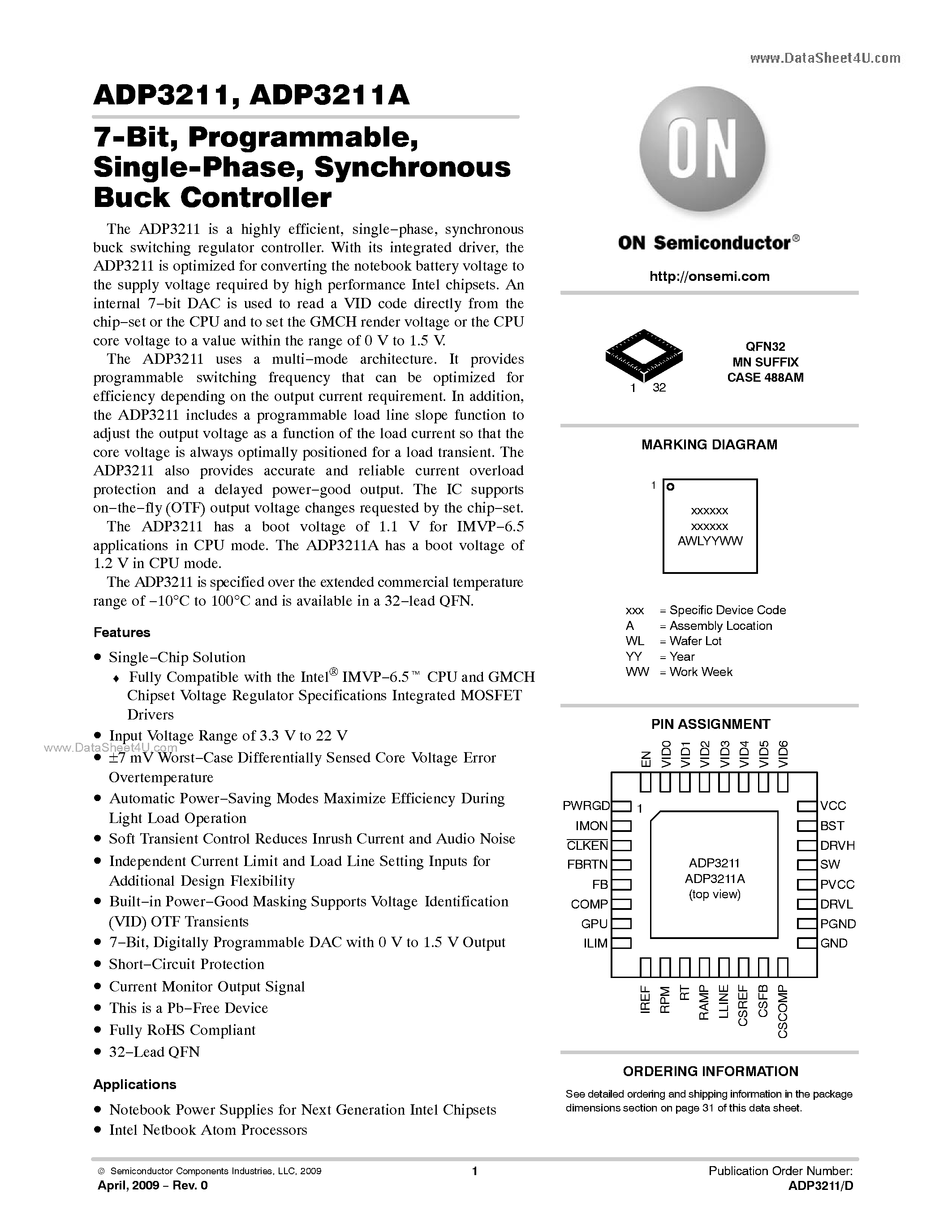 Datasheet ADP3211 - Synchronous Buck Controller page 1