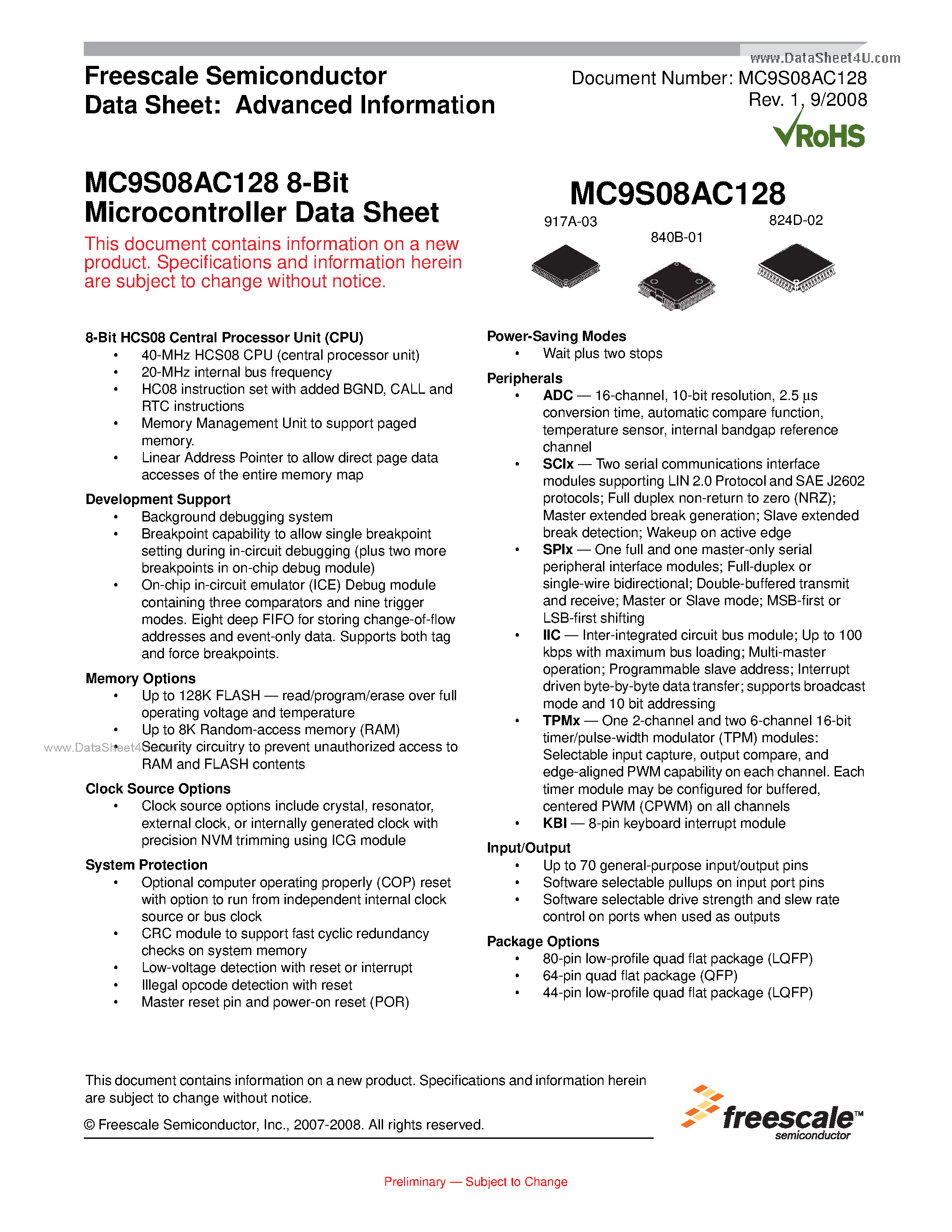 Datasheet MC9S08AC128 page 1 Datasheet MC9S08AC128 - 8-Bit Microcontroller page 1