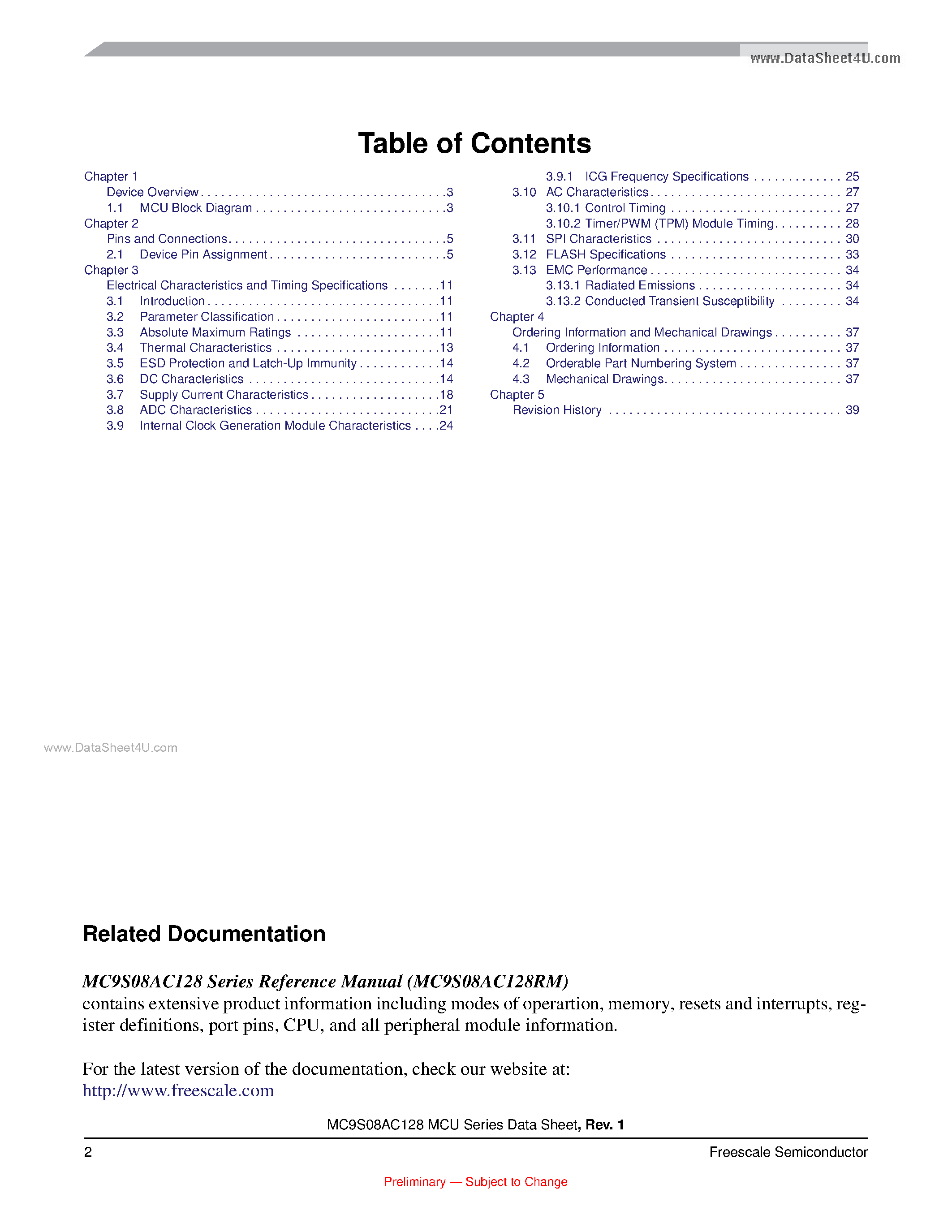 Datasheet MC9S08AC128 page 2 Datasheet MC9S08AC128 - 8-Bit Microcontroller page 2