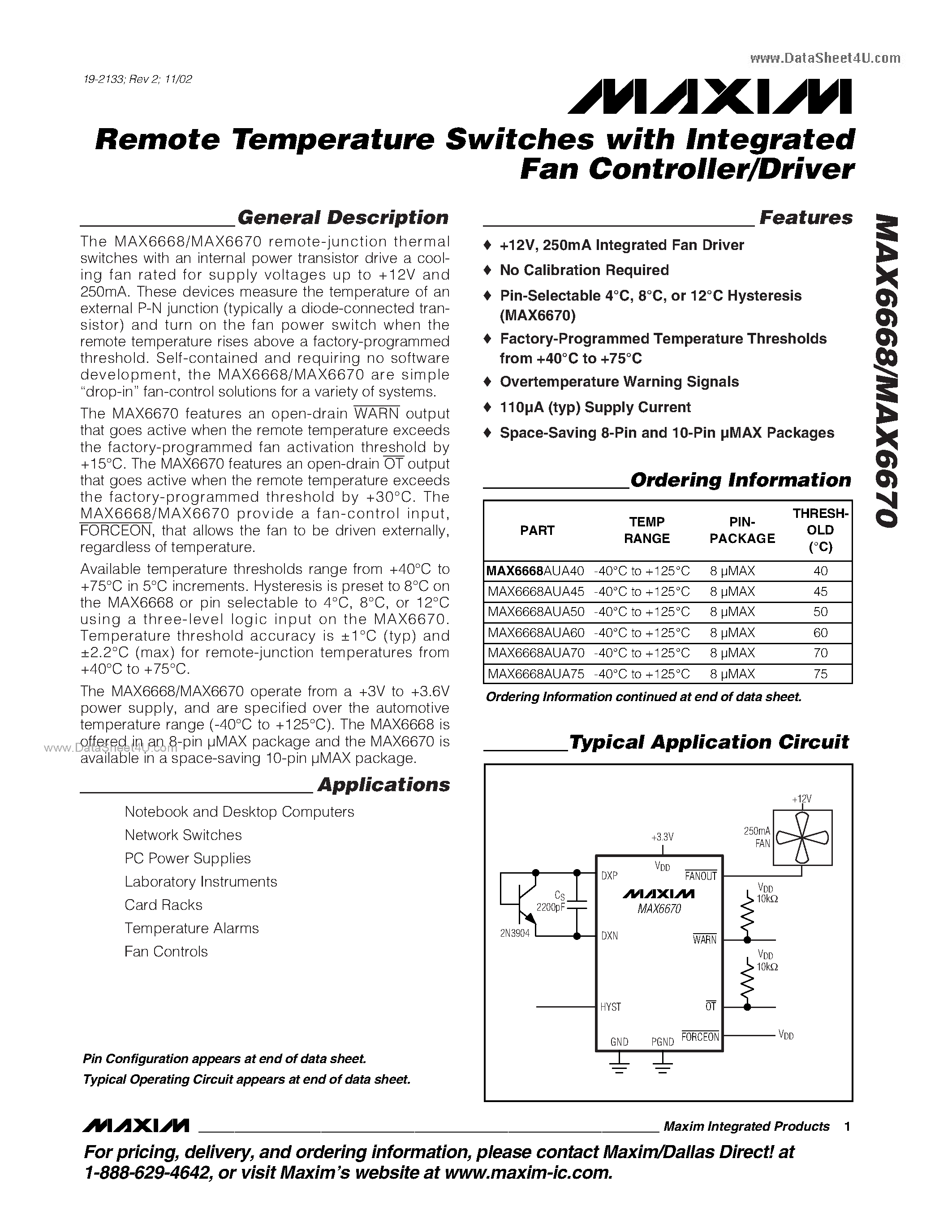 Даташит на микросхему MAX6668 страница 1 Даташит MAX6668 - (MAX6668 / MAX6670) Remote Temperature Switches страница 1