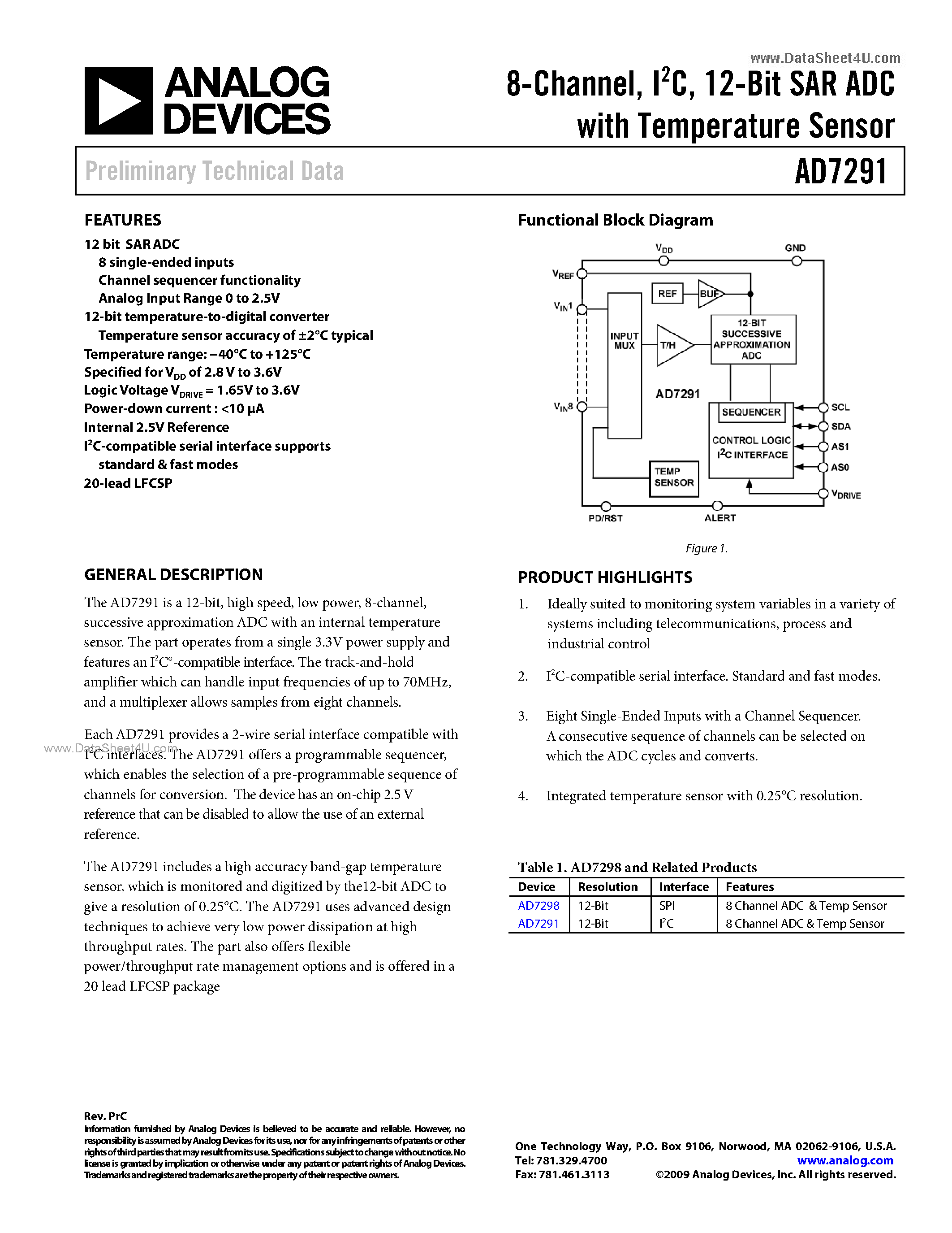 Datasheet AD7291 page 1 Datasheet AD7291 - 12-Bit SAR ADC page 1