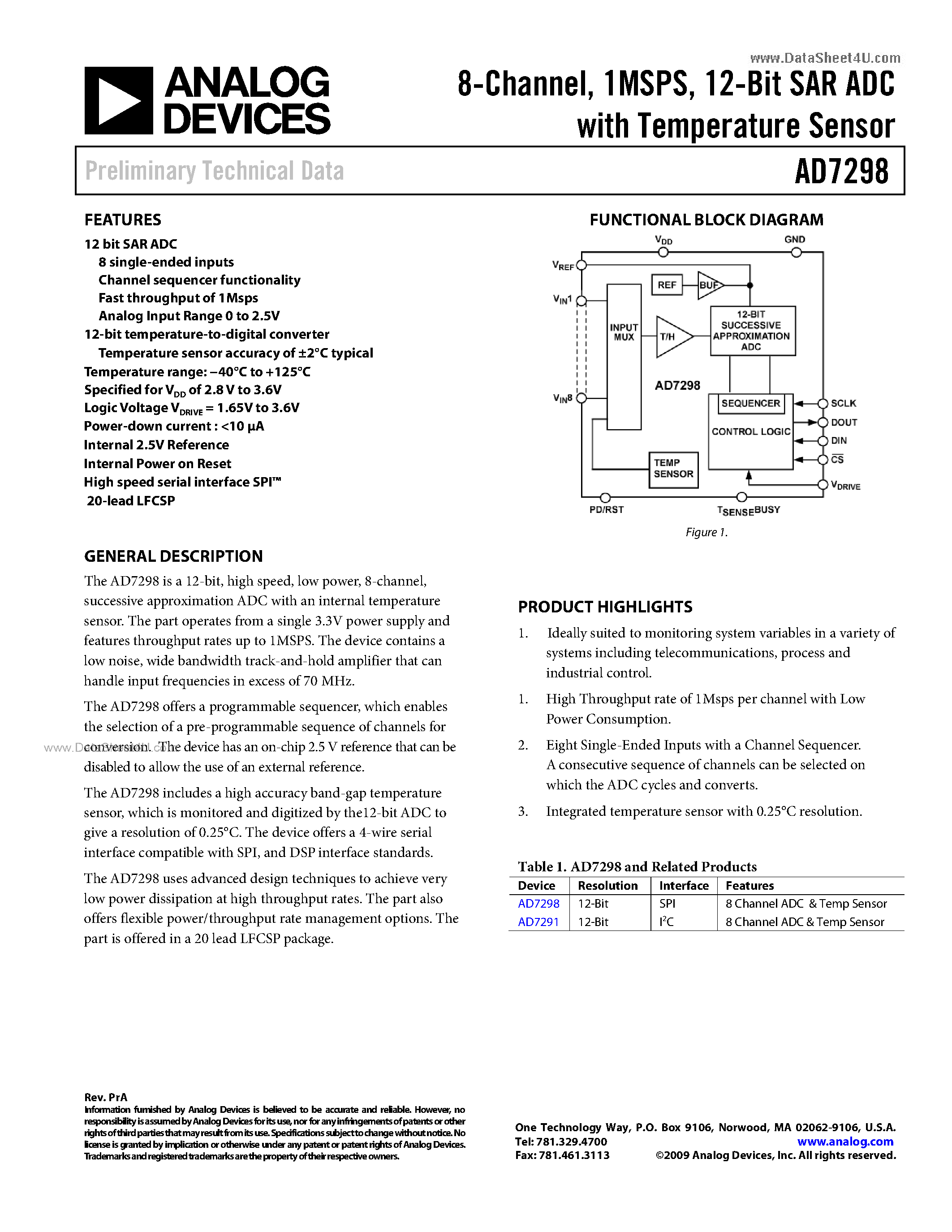 Datasheet AD7298 page 1 Datasheet AD7298 - 12-Bit SAR ADC page 1