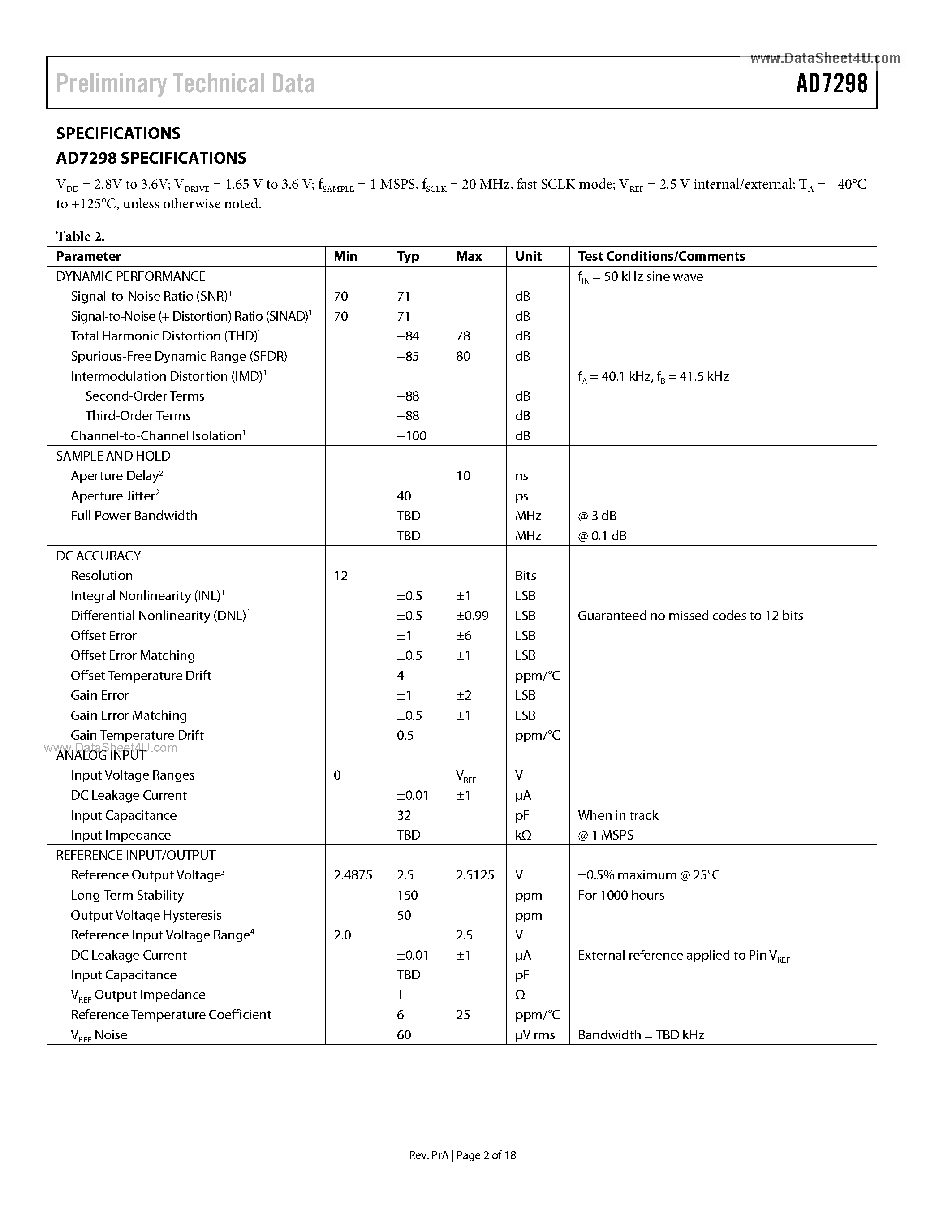 Datasheet AD7298 page 2 Datasheet AD7298 - 12-Bit SAR ADC page 2