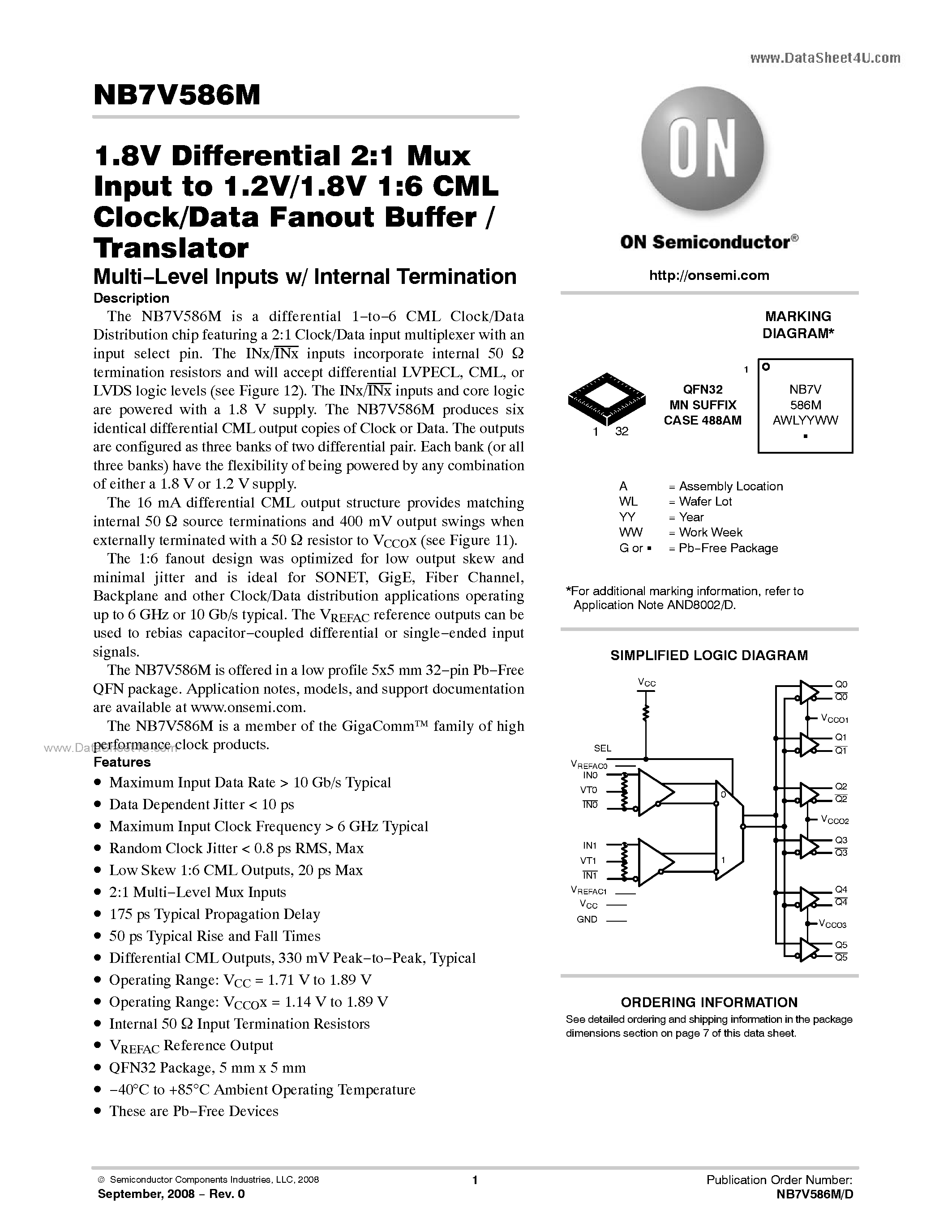 Datasheet NB7V586M - 1.8V Differential 2:1 Mux Input to 1.2V/1.8V 1:6 CML Clock/Data Fanout Buffer / Translator page 1