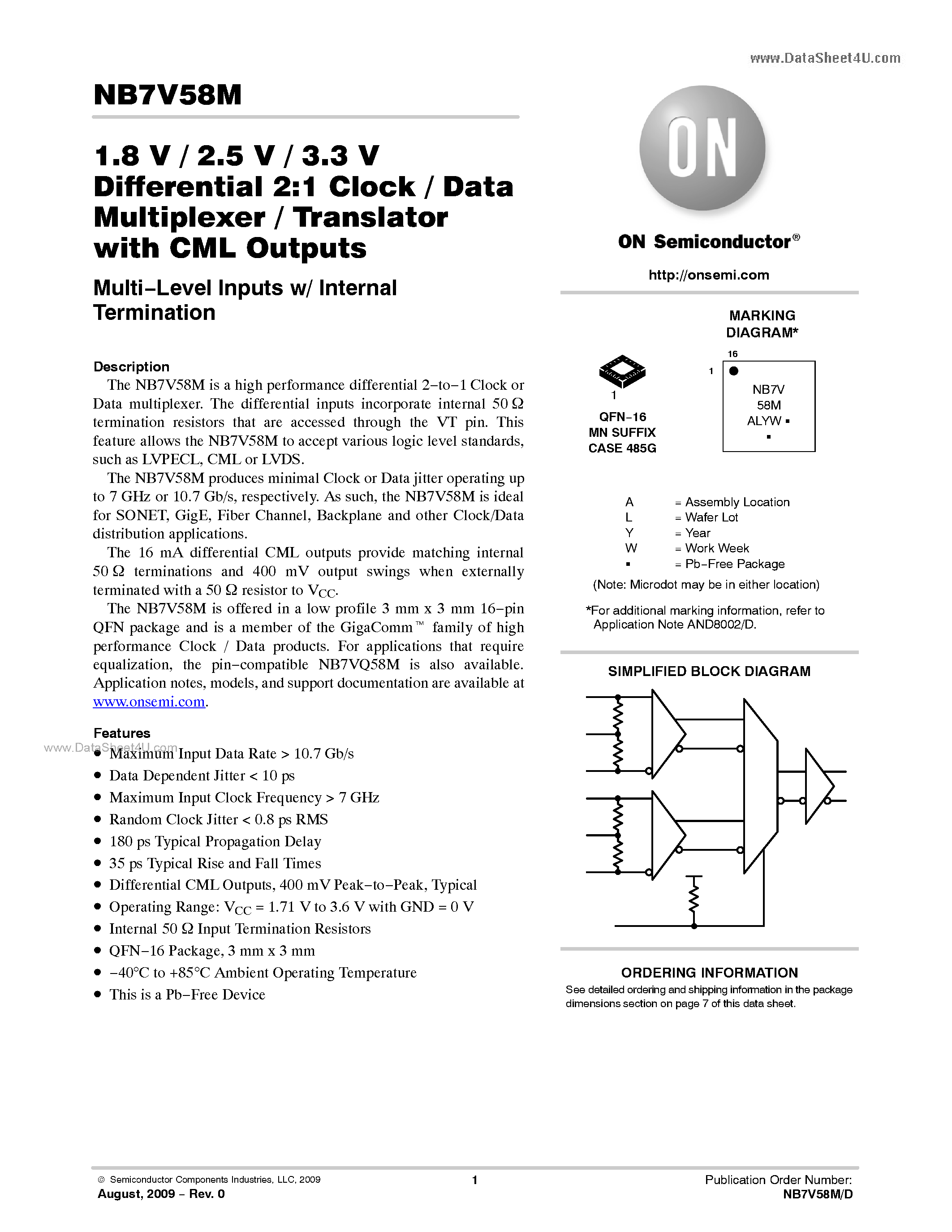 Даташит NB7V58M - 1.8 V / 2.5 V / 3.3 V Differential 2:1 Clock / Data Multiplexer / Translator страница 1