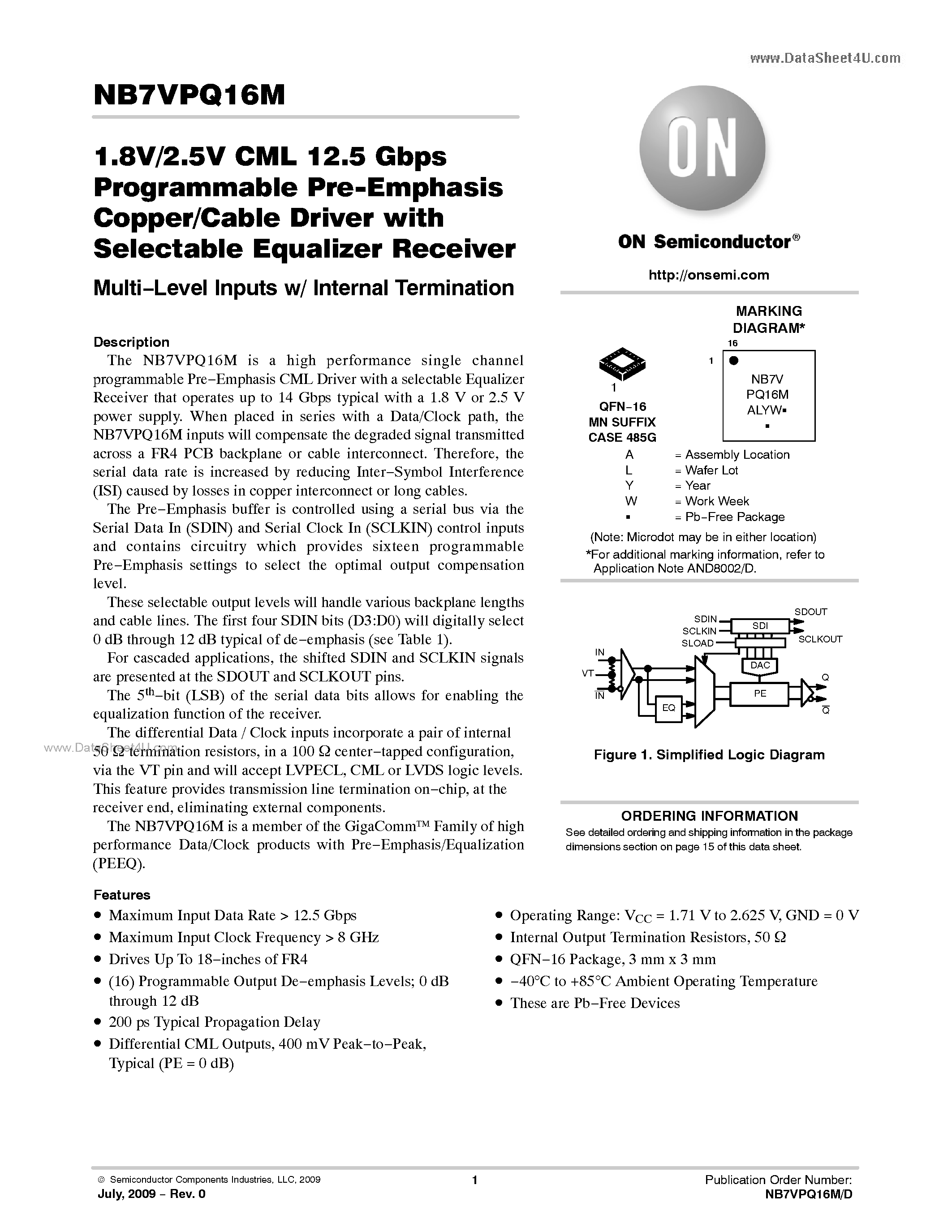 Datasheet NB7VPQ16M - 1.8V/2.5V CML 12.5 Gbps Programmable Pre-Emphasis Copper/Cable Driver page 1