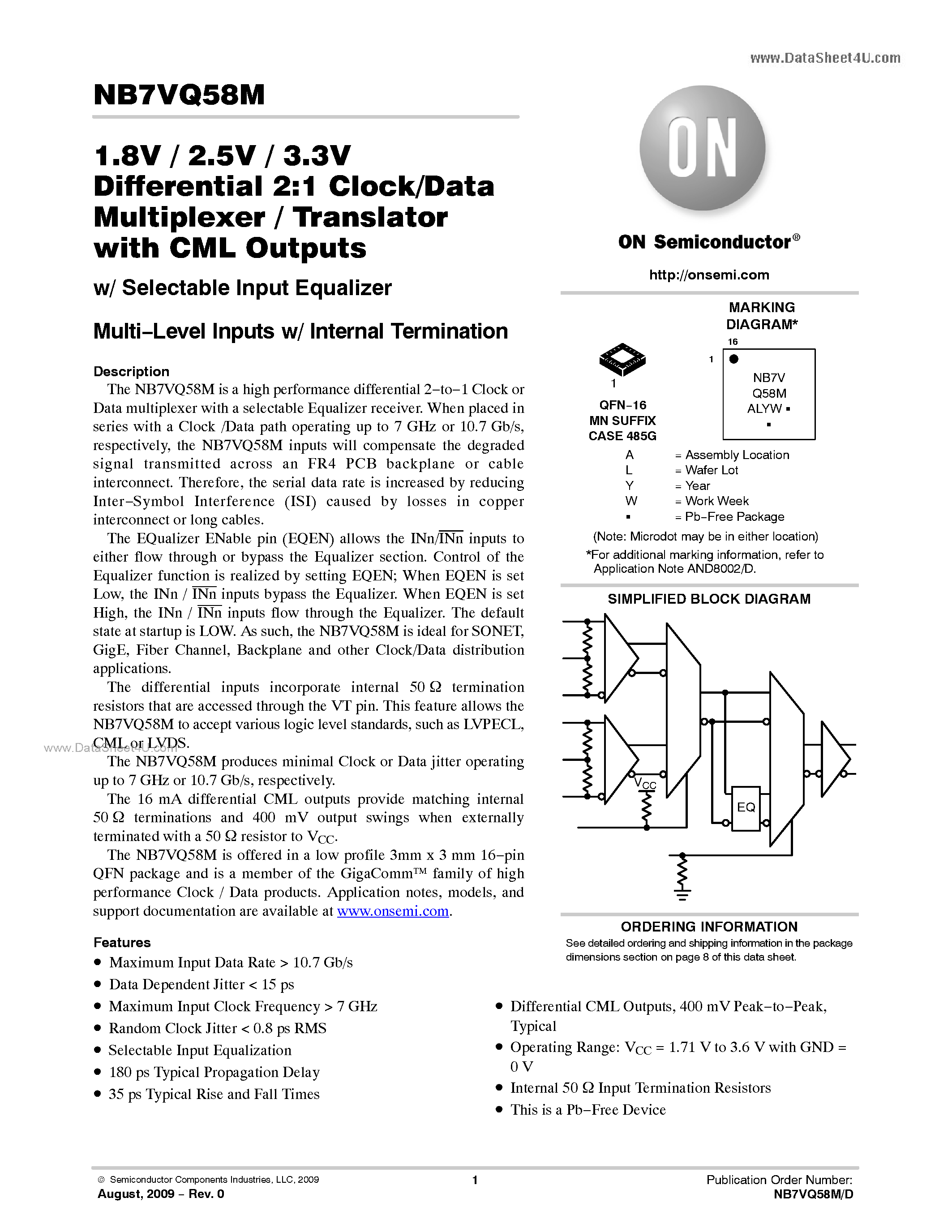 Datasheet NB7VQ58M - 1.8V / 2.5V / 3.3V Differential 2:1 Clock/Data Multiplexer / Translator page 1