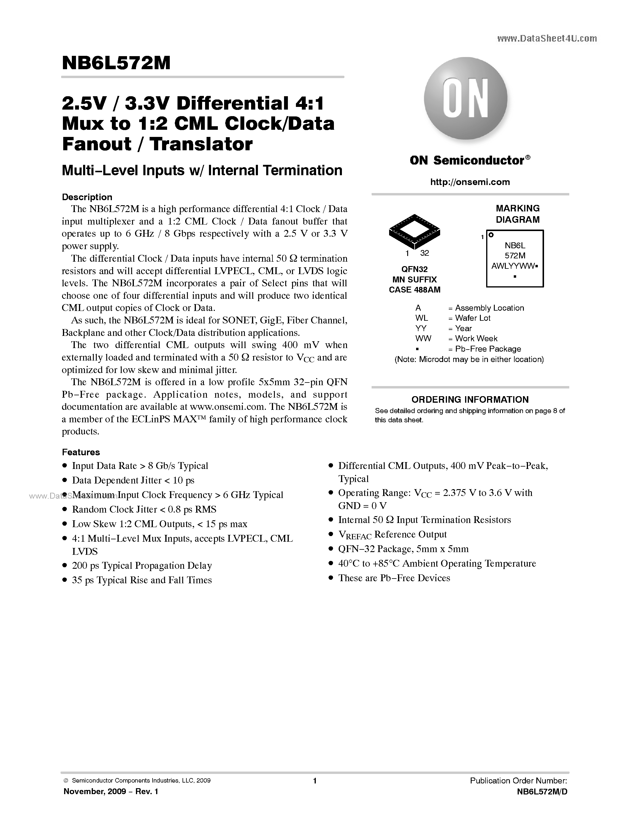 Datasheet NB6L572M - 2.5V / 3.3V Differential 4:1 Mux To 1:2 CML Clock/Data Fanout / Translator page 1