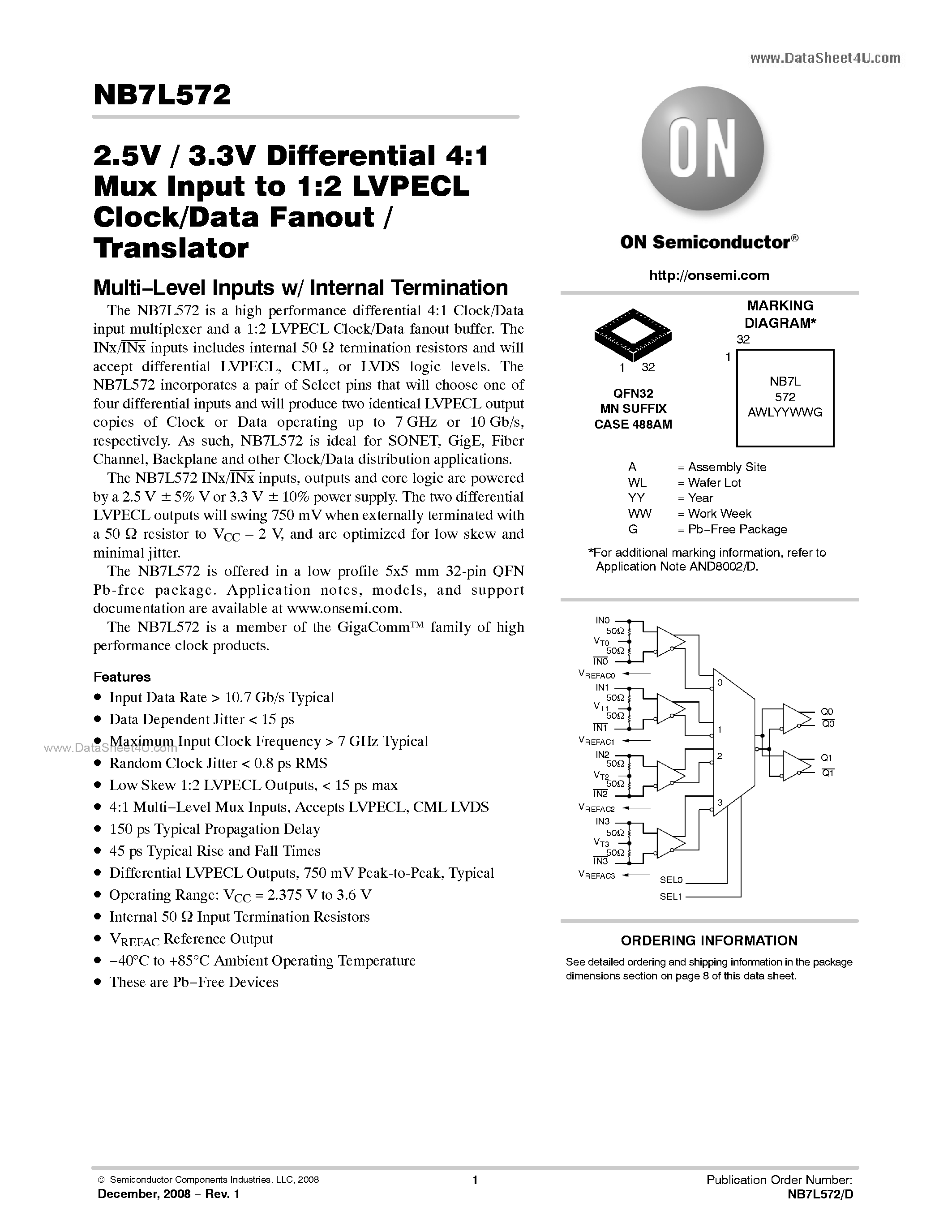 Datasheet NB7L572 - 2.5 V / 3.3 V Differential 4:1 Mux Input To 1:2 LVPECL Clock/Data Fanout/Translator page 1