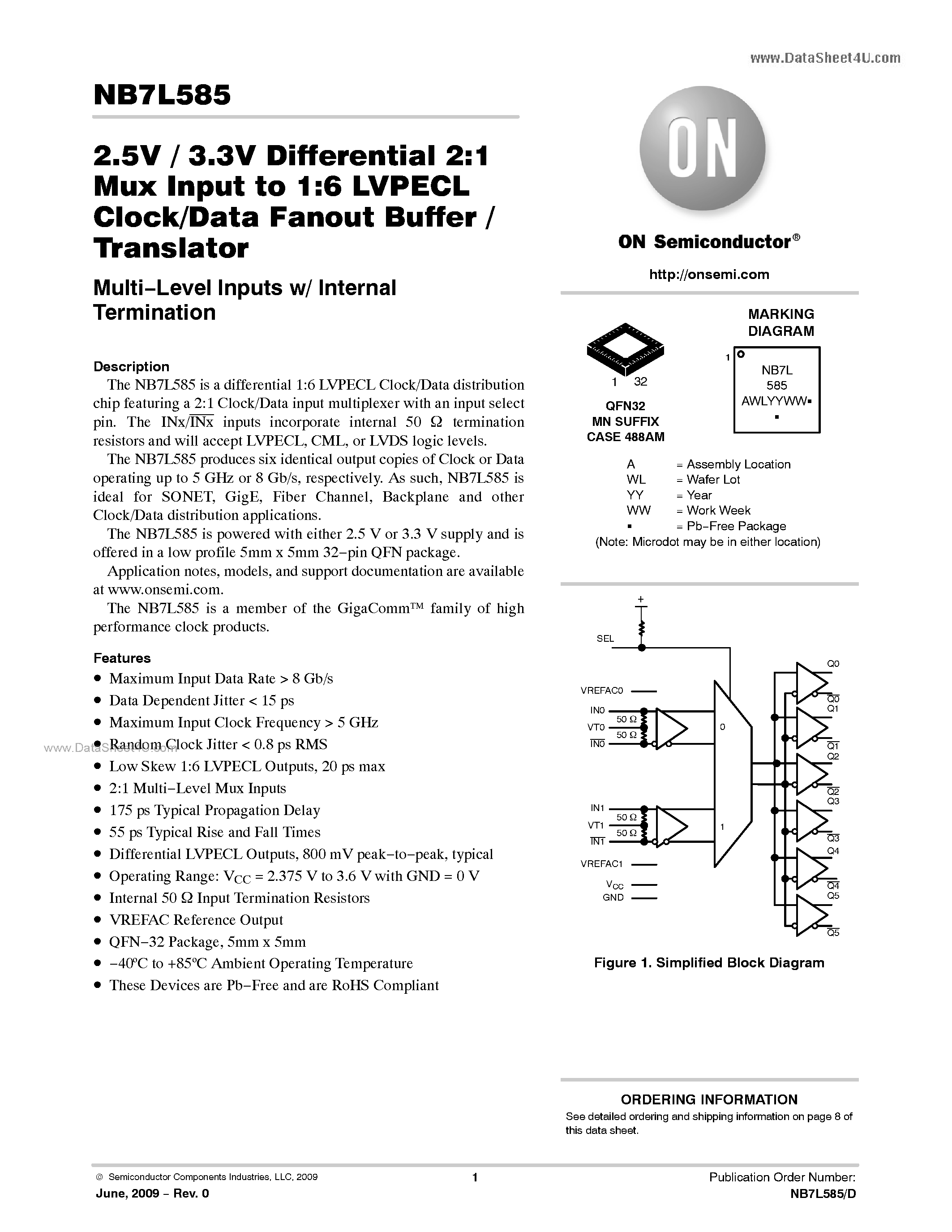 Datasheet NB7L585 - 2.5 V / 3.3 V Differential 2:1 Mux Input To 1:6 LVPECL Clock/Data Fanout Buffer / Translator page 1