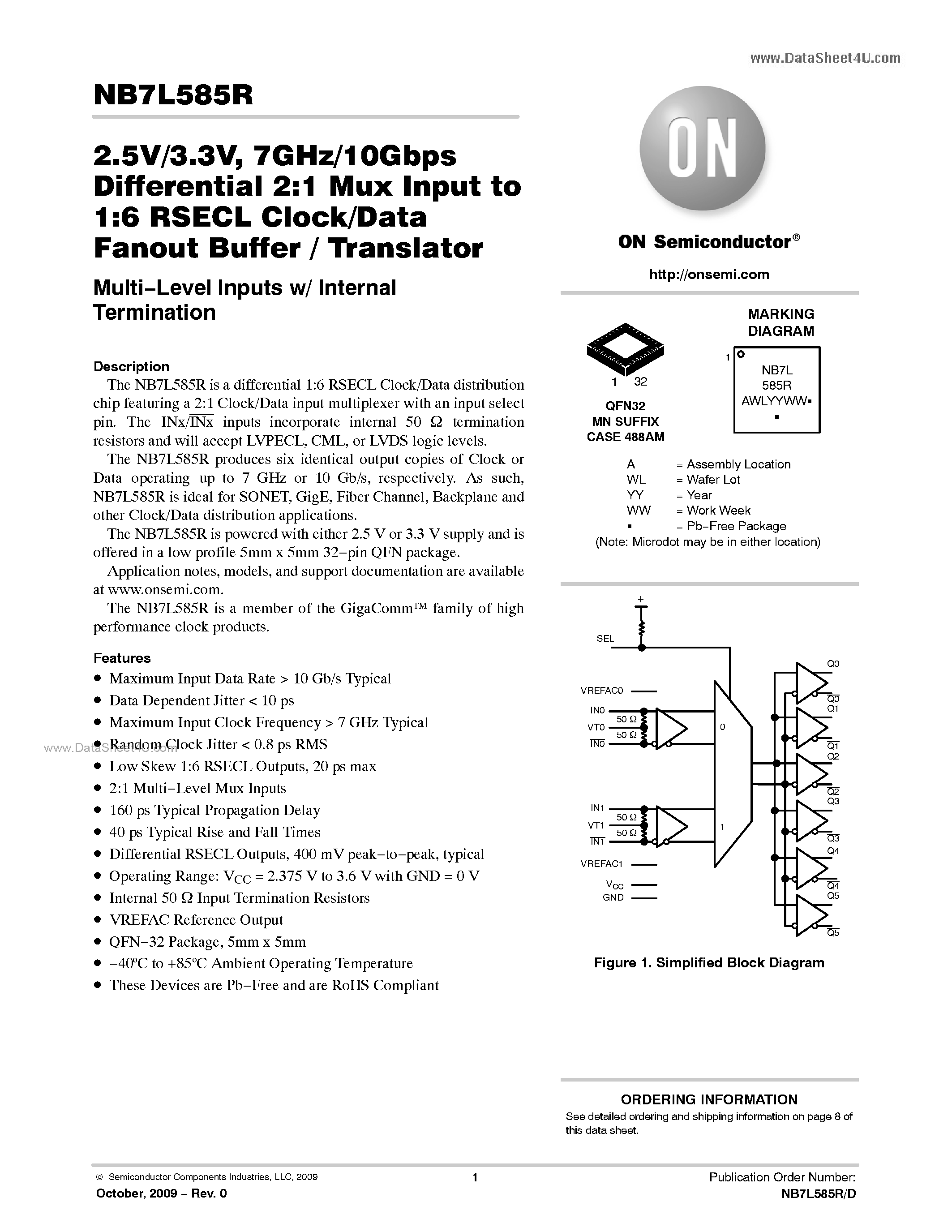 Datasheet NB7L585R - 2.5V/3.3V 7GHz/10Gbps Differential 2:1 Mux Input to 1:6 RSECL Clock/Data Fanout Buffer page 1