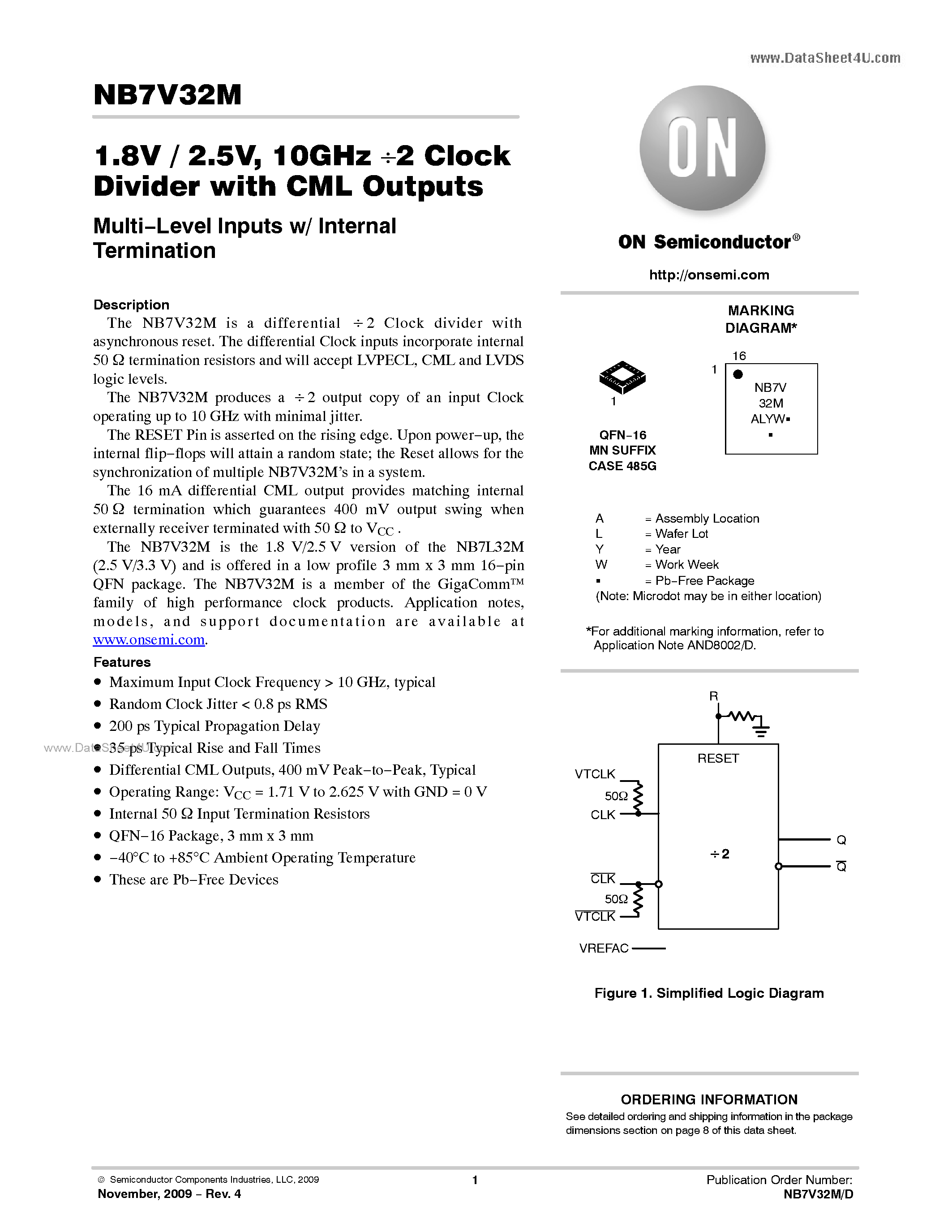 Datasheet NB7V32M - 10 GHz/2 Clock Divider page 1