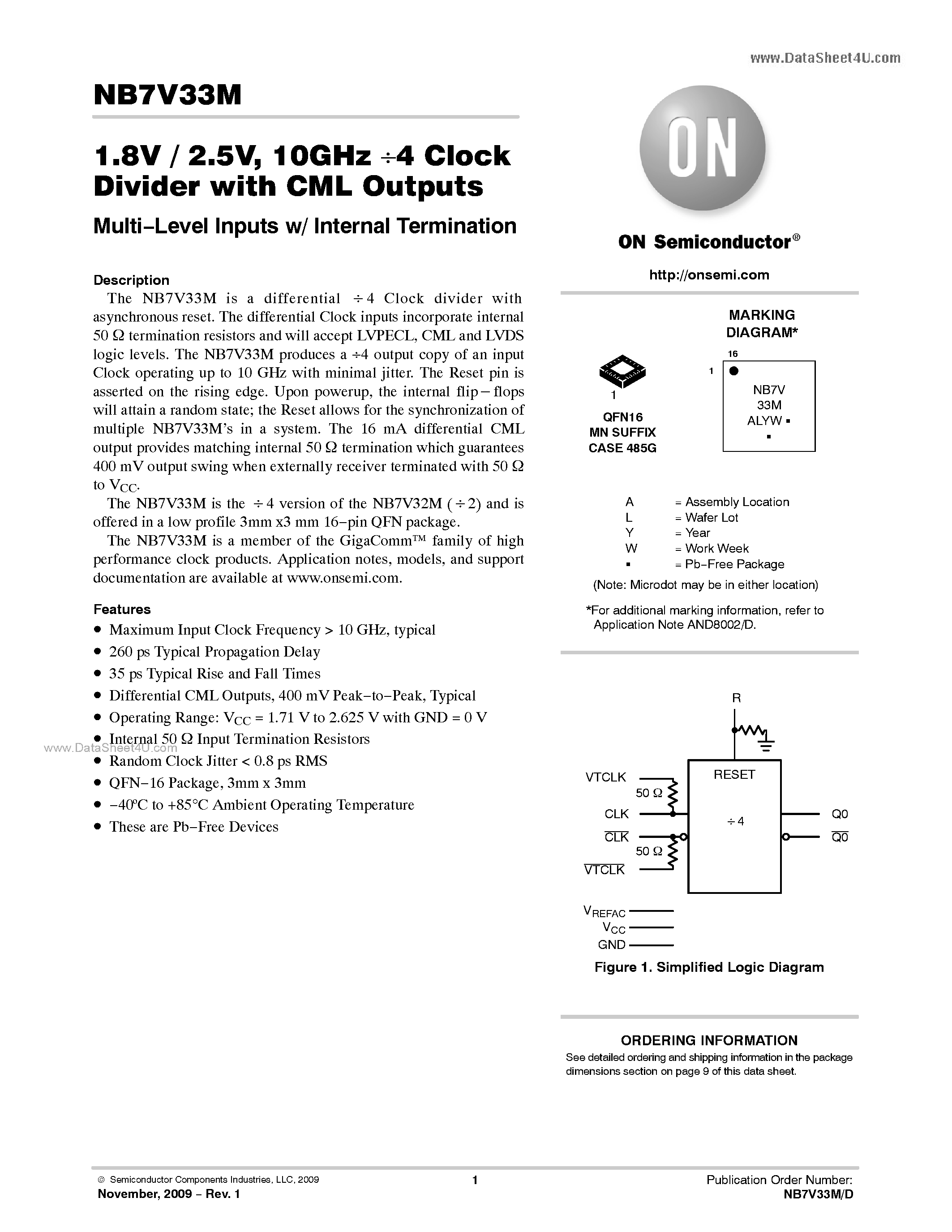 Datasheet NB7V33M - 1.8V / 2.5V 10GHz Div By 4 Clock Divider page 1