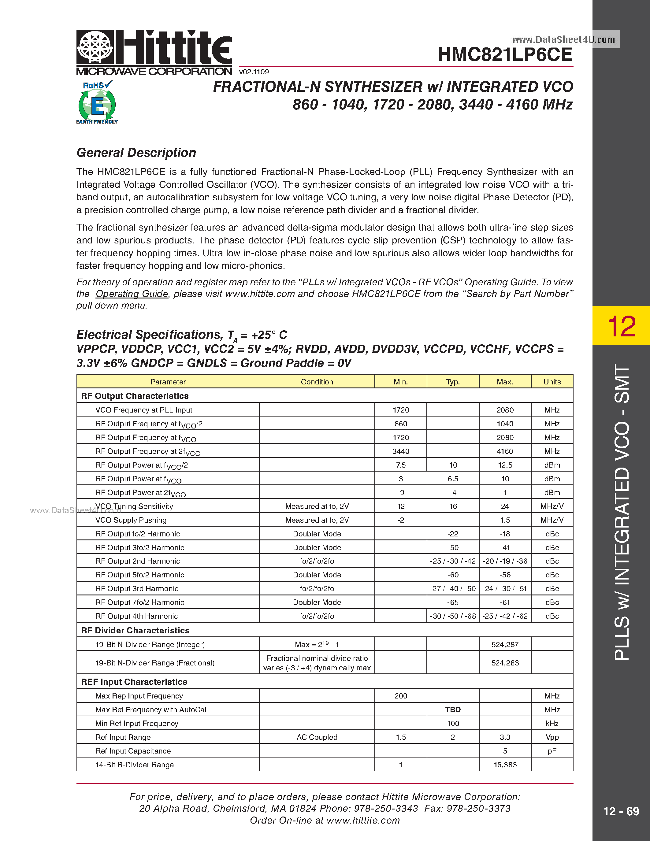 Datasheet HMC821LP6CE page 2 Datasheet HMC821LP6CE - Fractional-N Synthesizer page 2
