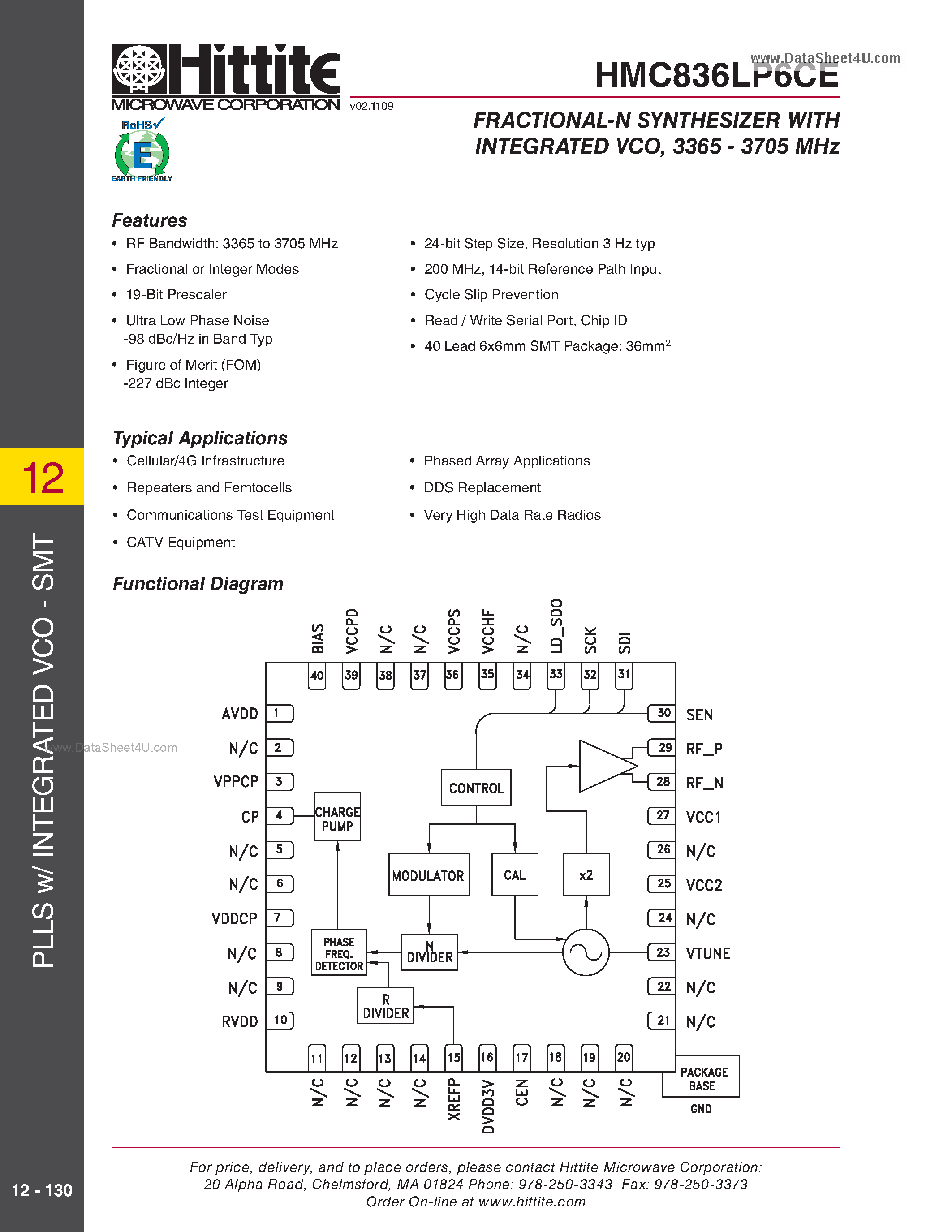 Datasheet HMC836LP6CE page 1 Datasheet HMC836LP6CE - Fractional-N Synthesizer page 1