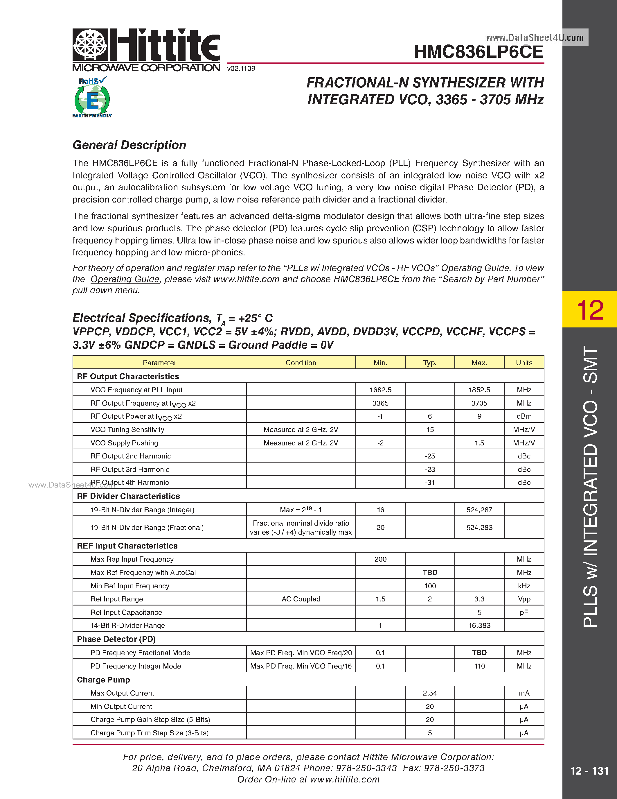 Datasheet HMC836LP6CE page 2 Datasheet HMC836LP6CE - Fractional-N Synthesizer page 2
