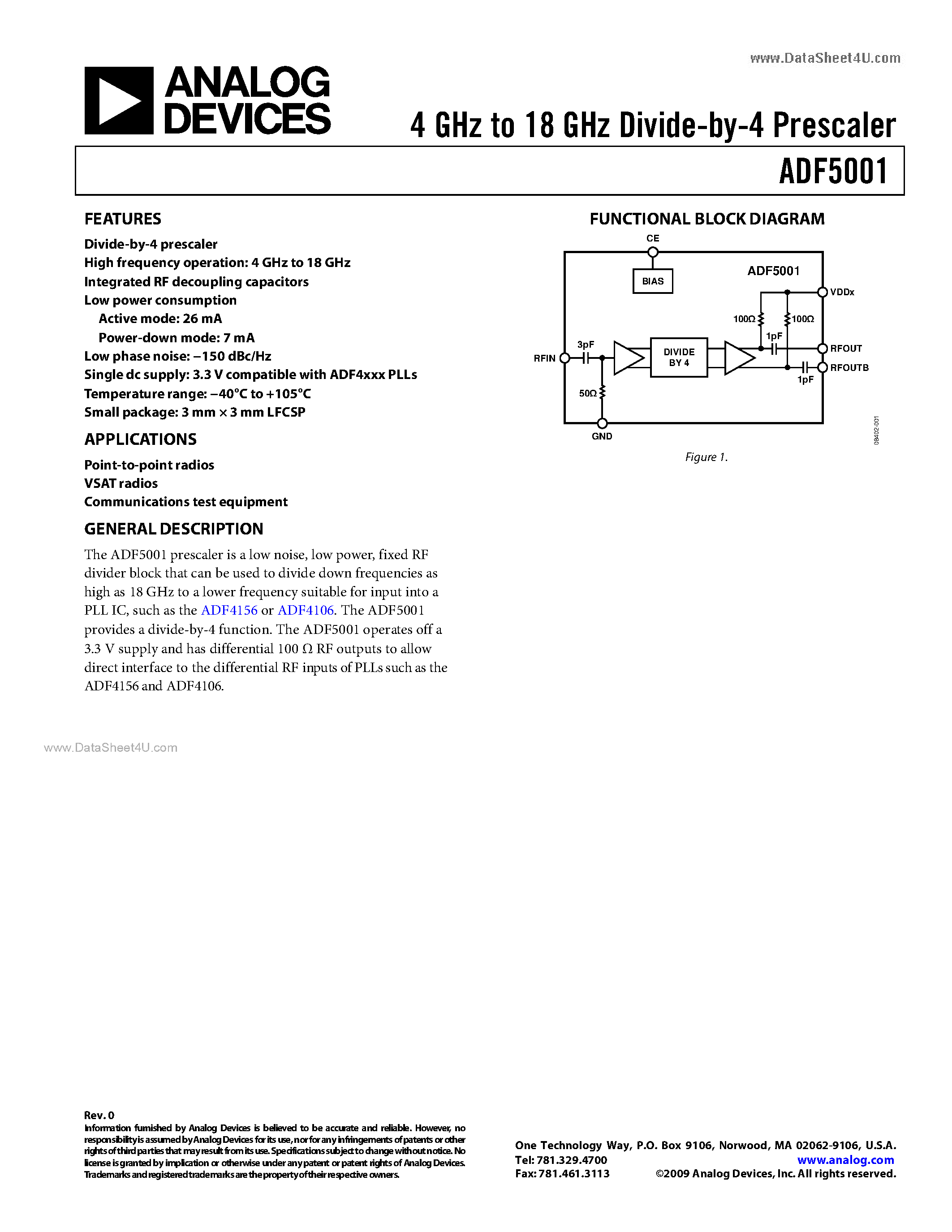 Datasheet ADF5001 page 1 Datasheet ADF5001 - 4 GHz to 18 GHz Divide-by-4 Prescaler page 1