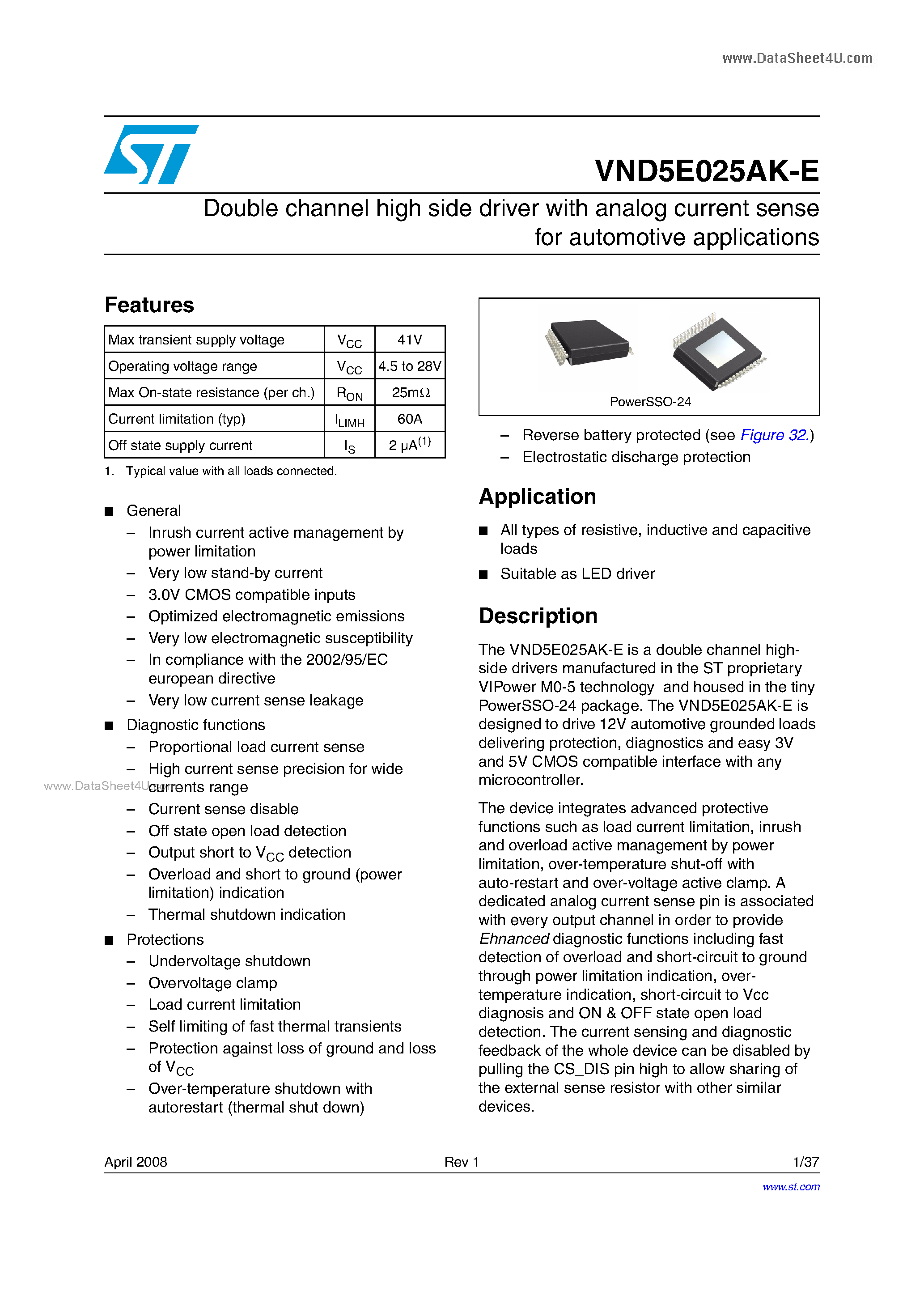 Datasheet VND5E025AK-E page 1 Datasheet VND5E025AK-E - Double channel high side driver page 1