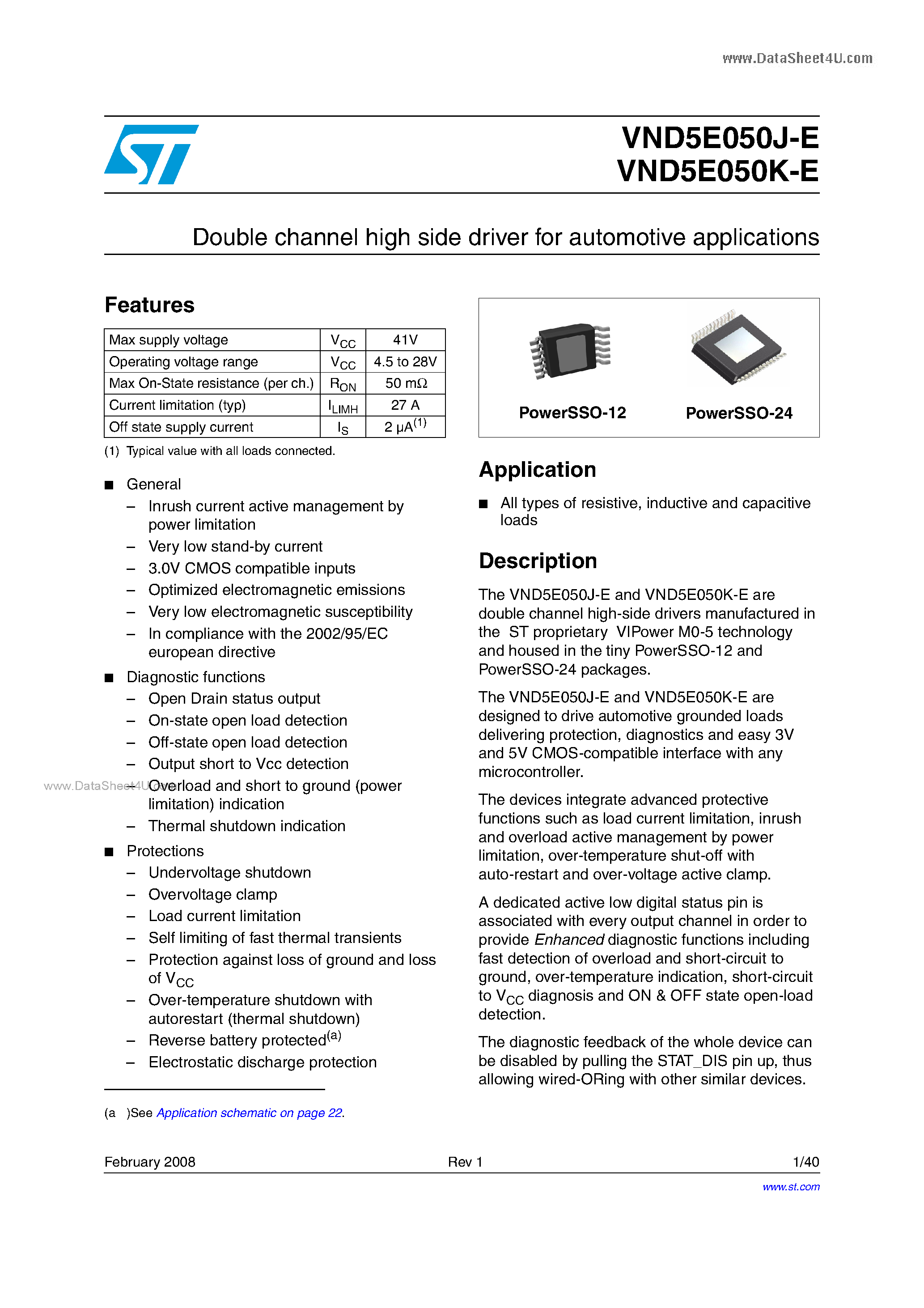 Даташит VND5E050J-E - Double channel high side driver страница 1