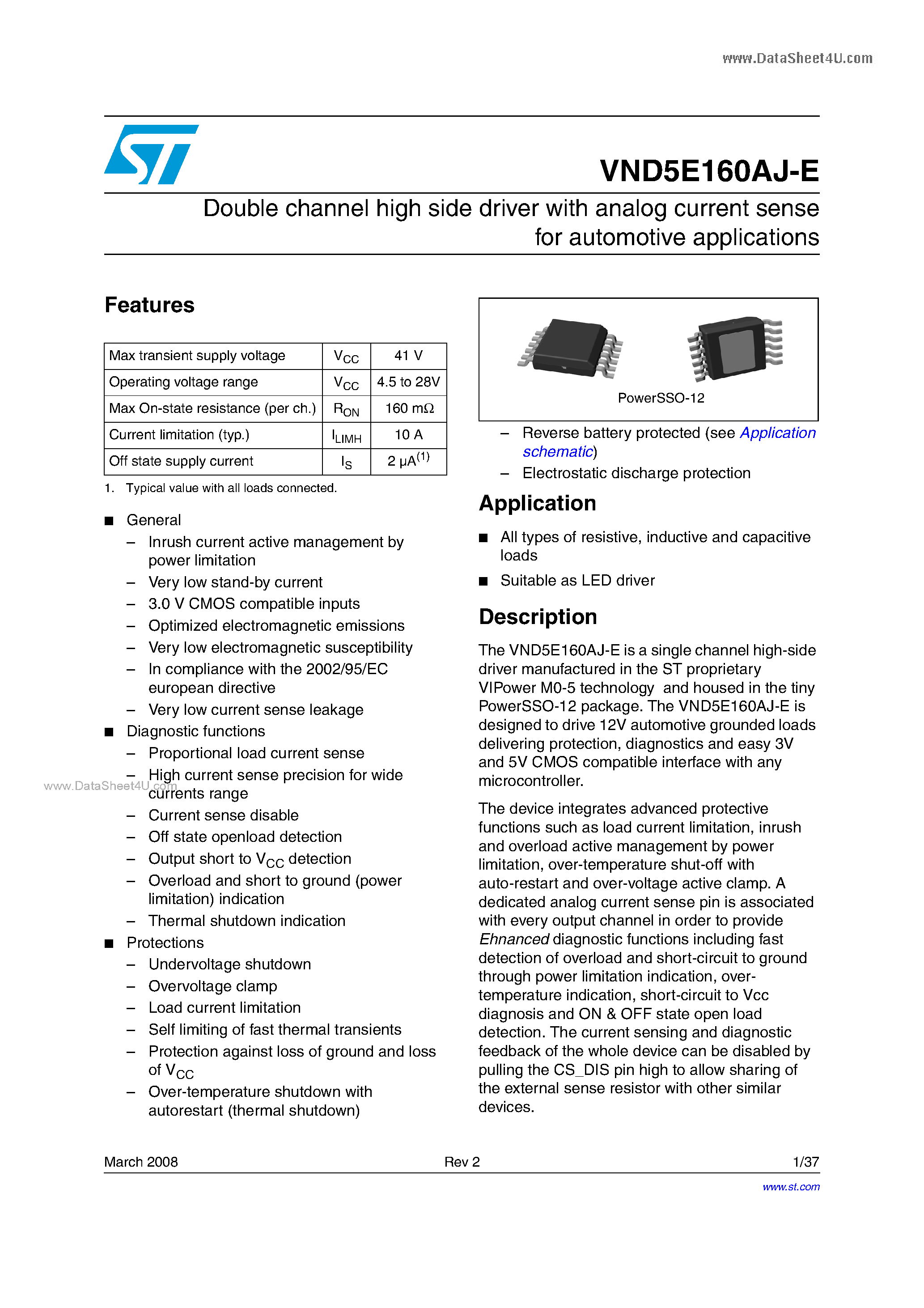 Datasheet VND5E160AJ-E page 1 Datasheet VND5E160AJ-E - Double channel high side driver page 1