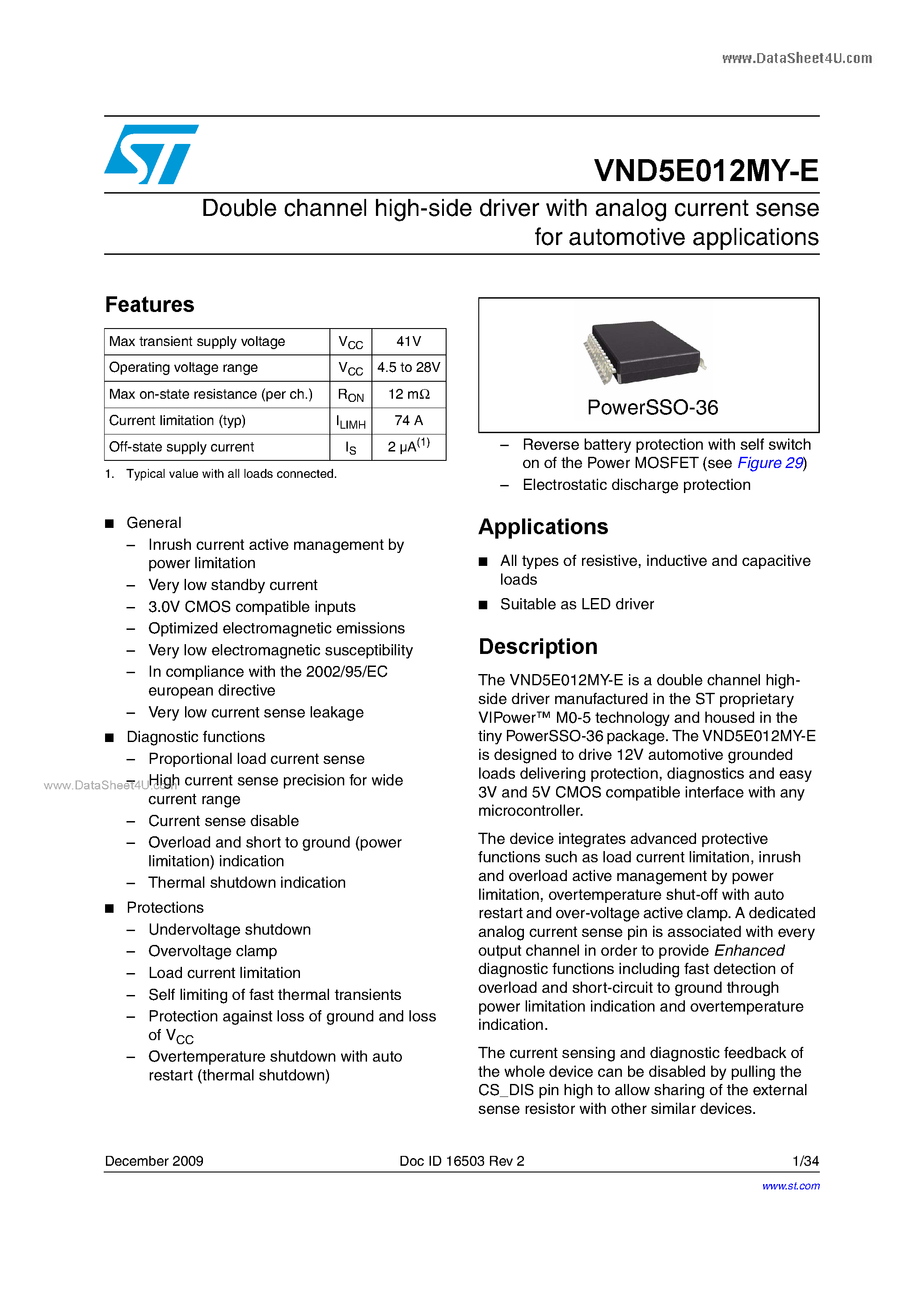 Datasheet VND5E012MY-E page 1 Datasheet VND5E012MY-E - Double channel high-side driver page 1