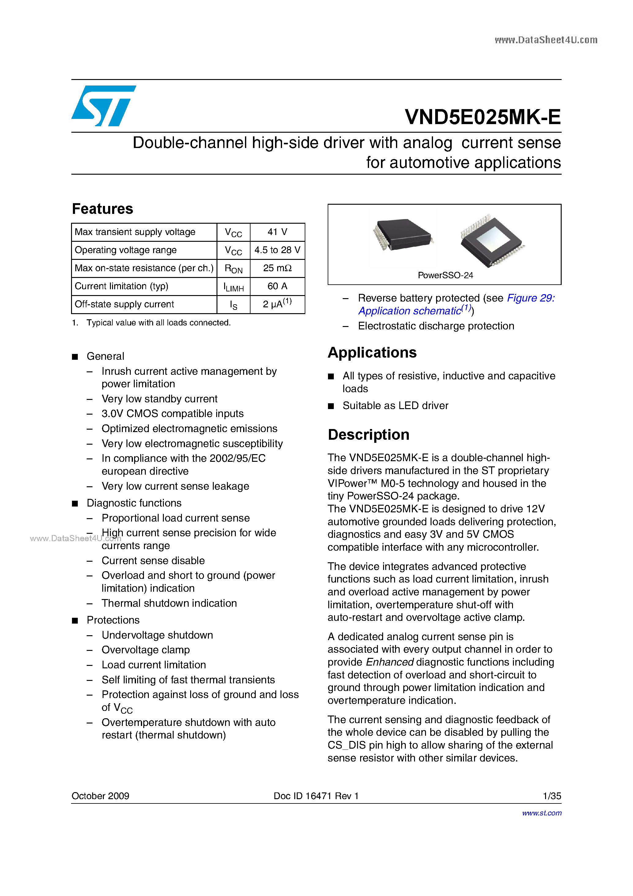 Datasheet VND5E025MK-E page 1 Datasheet VND5E025MK-E - Double channel high-side driver page 1