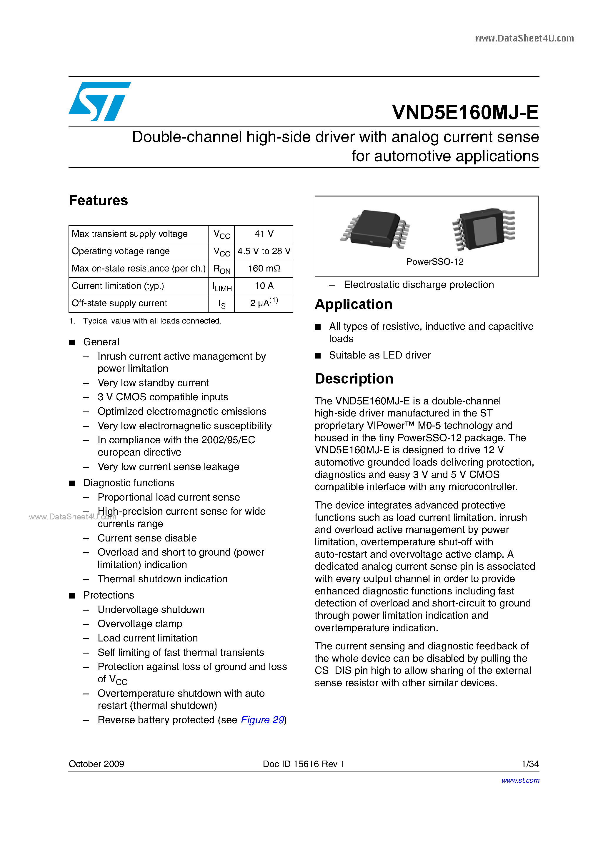 Даташит VND5E160MJ-E - Double-channel high-side driver страница 1