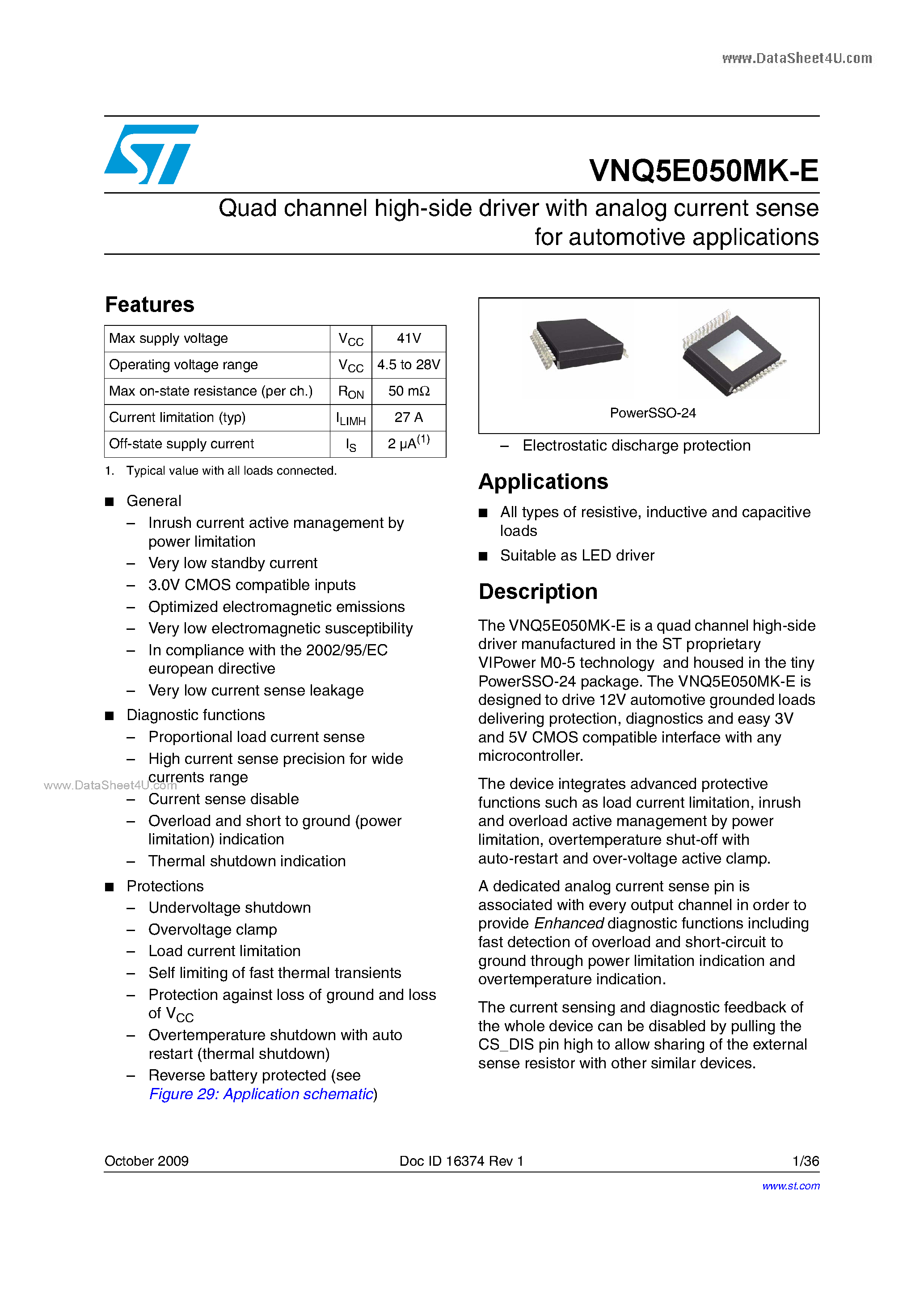 Даташит VNQ5E050MK-E - Quad channel high-side driver страница 1
